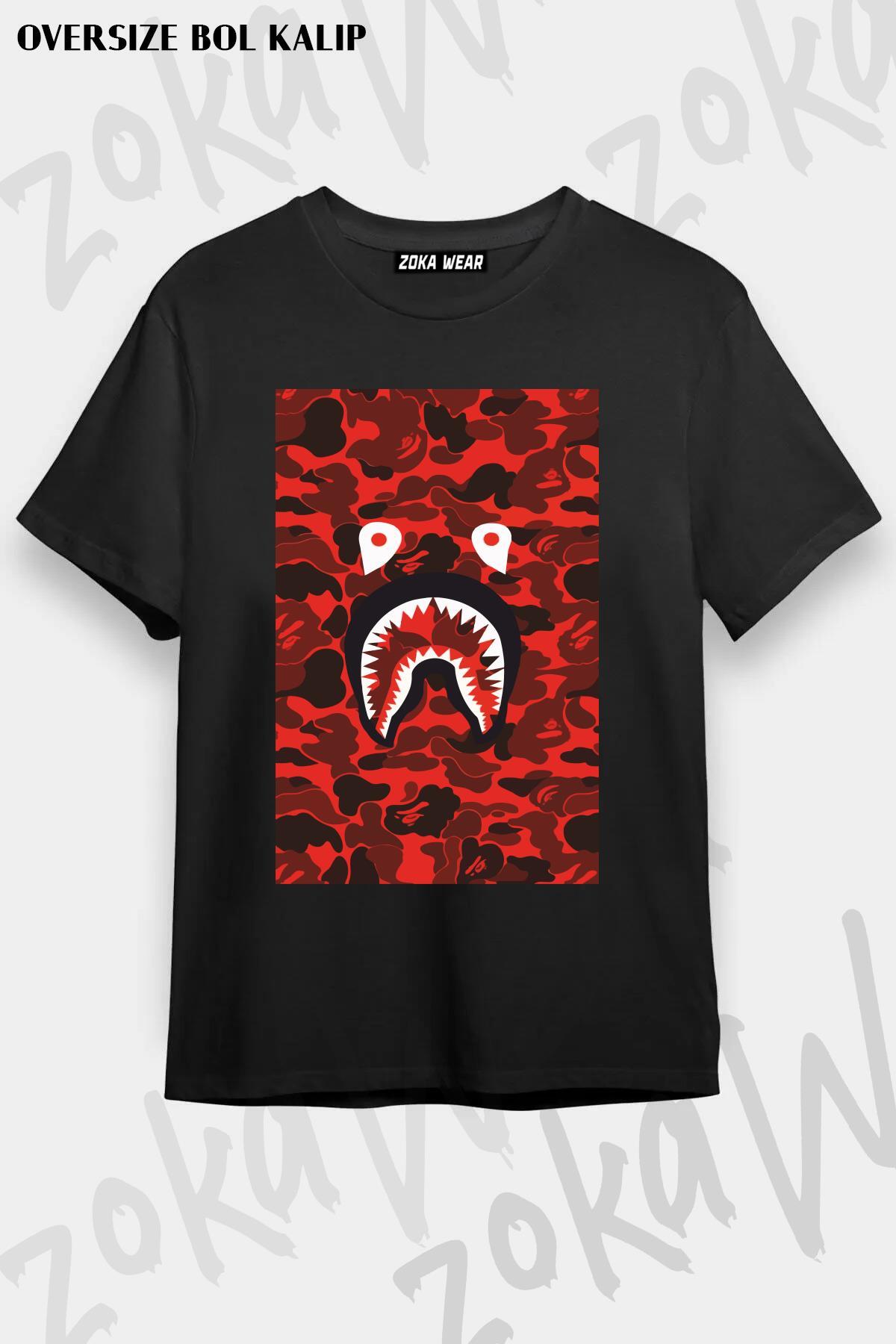 ZOKAWEAR Unisex Oversize Kalıp Red Kırmızı Bape Shark Tasarım