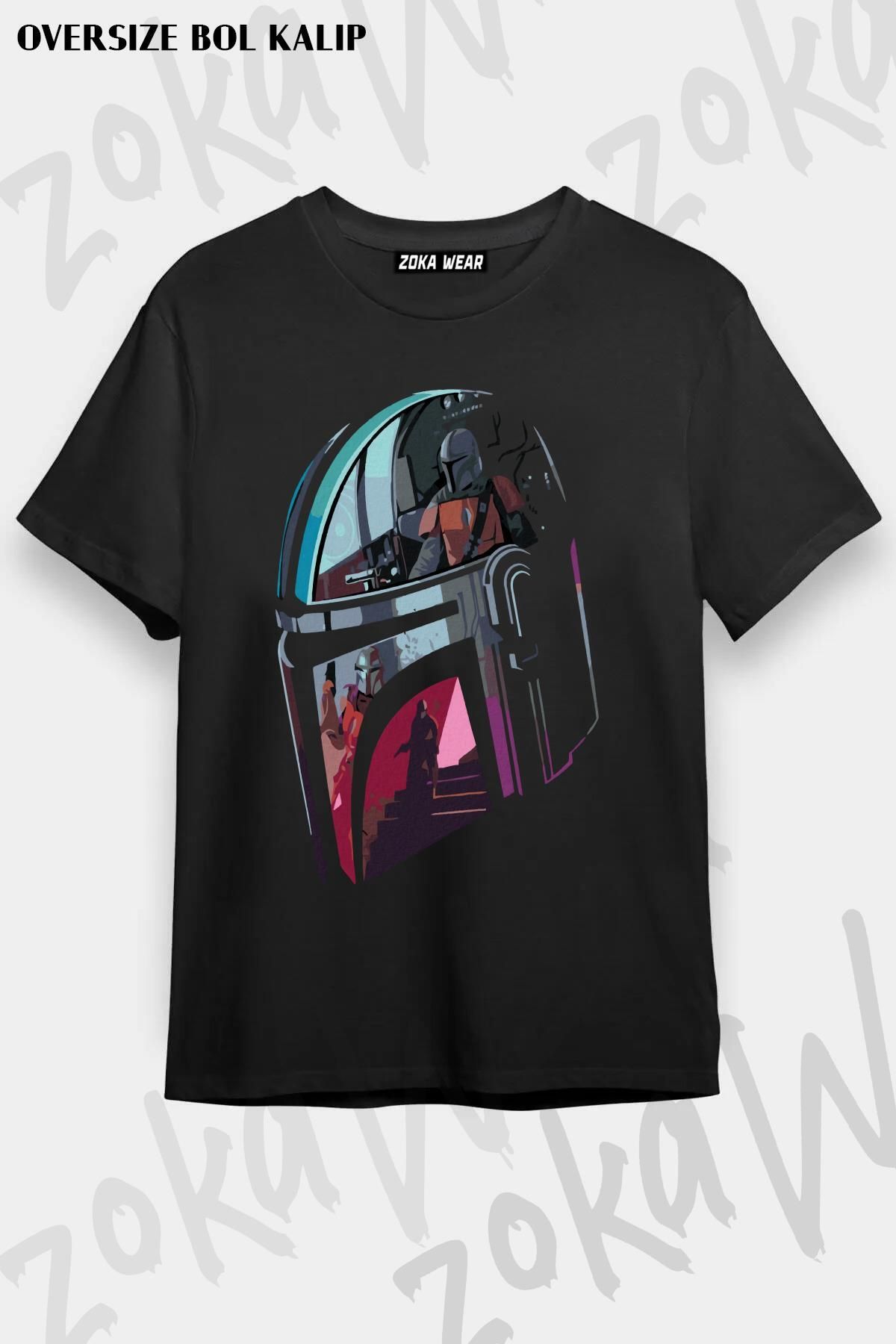 ZOKAWEAR Unisex Oversize Kalıp Starwars Mandalorian Kask Tasarım Baskılı Tshirt