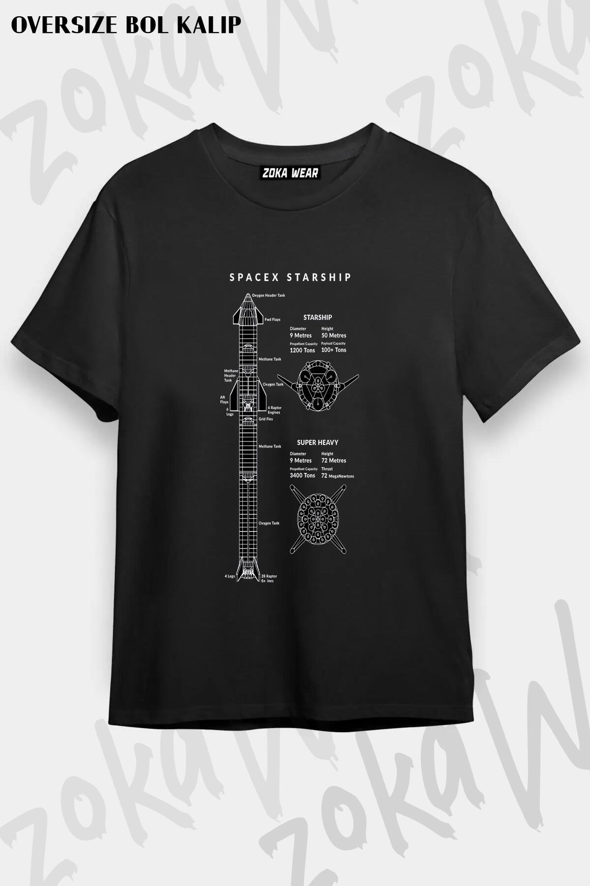 ちょちょページ ZOKAWEAR Unisex Oversize Kalıp SpaceX Starship Tasarım Baskılı