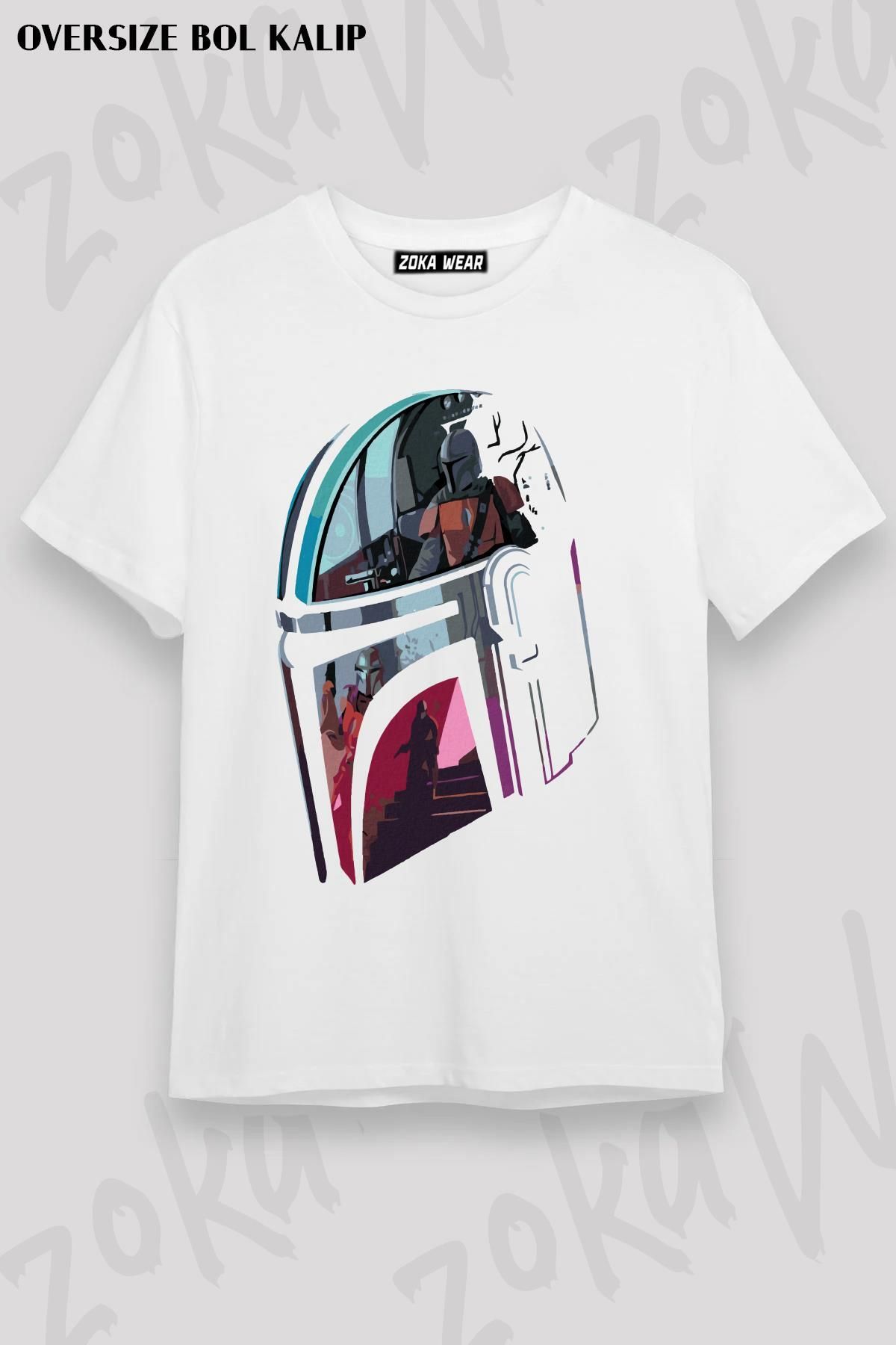 ZOKAWEAR Unisex Oversize Kalıp Starwars Mandalorian Kask Tasarım Baskılı Tshirt
