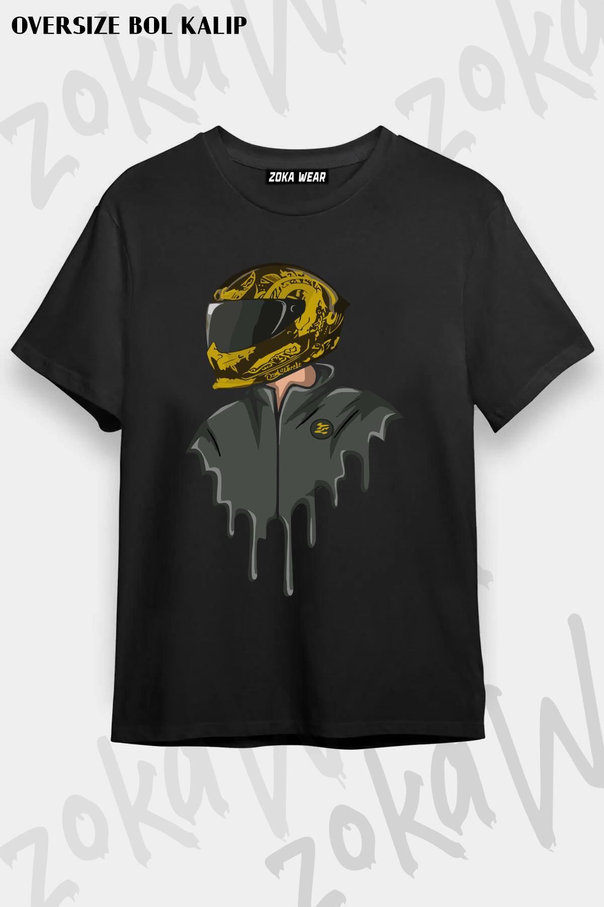 ZOKAWEAR Unisex Oversize Kalıp Motorcu Kask Tasarım Baskılı Tshirt