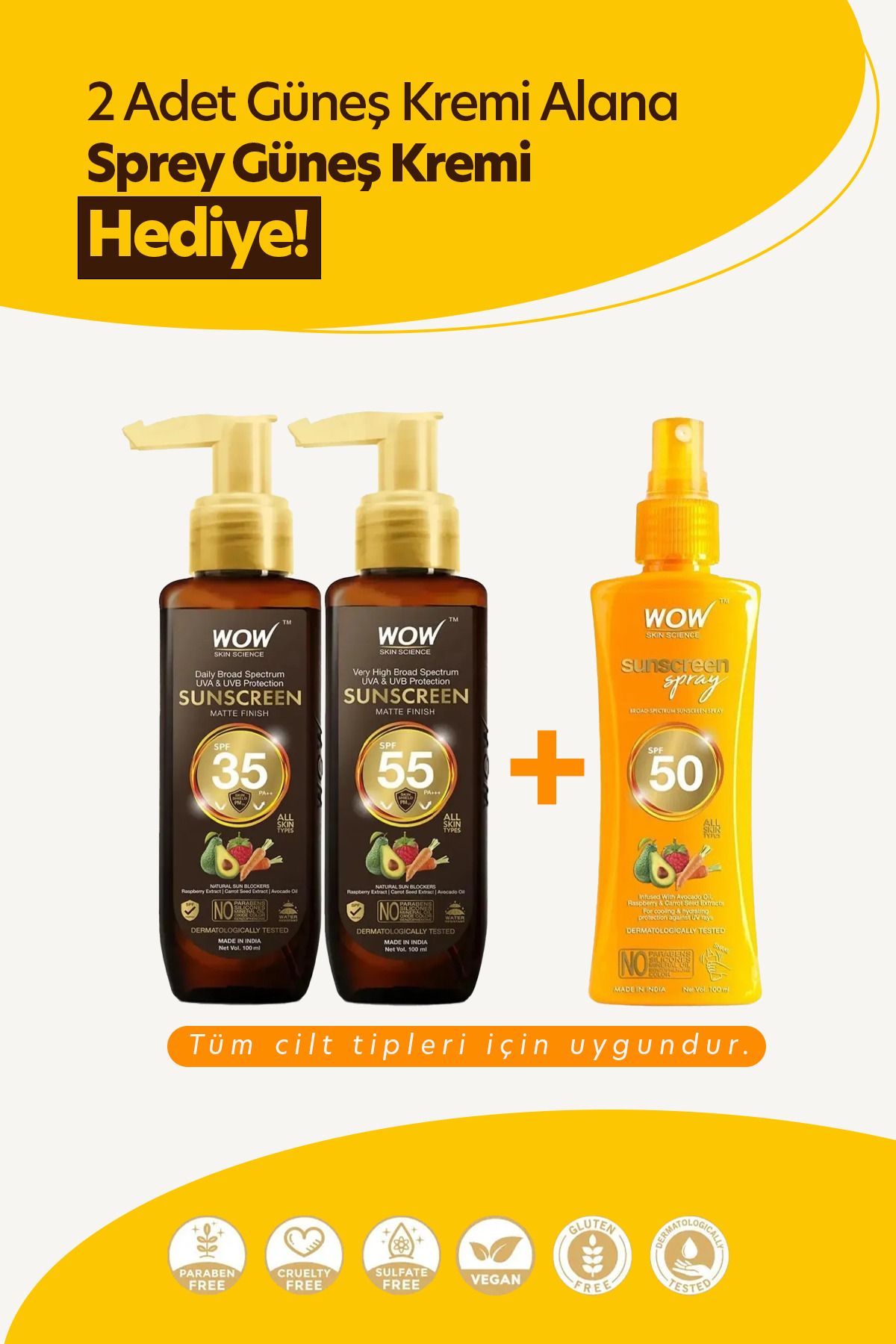 WOW Skin Science Koruyuculu Spf 35 ve Koruyuculu Spf 55 Güneş Kremi 100x3 Ml Spf 50 Koruyuculu Hediyeli 3'lü Set