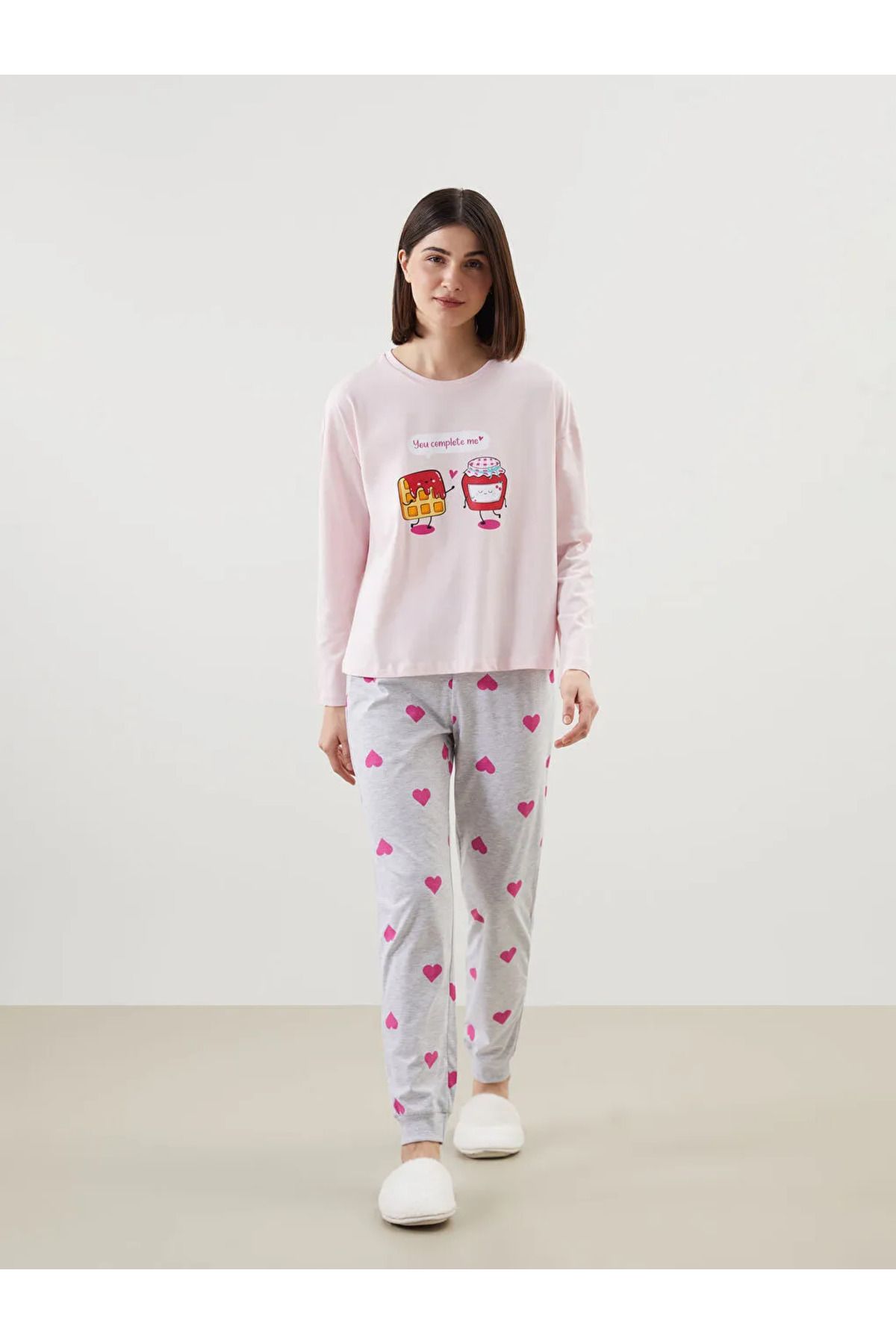 LC Waikiki-Lcw Young Gray Crew Neck Printed Women's Pajamas Set 4