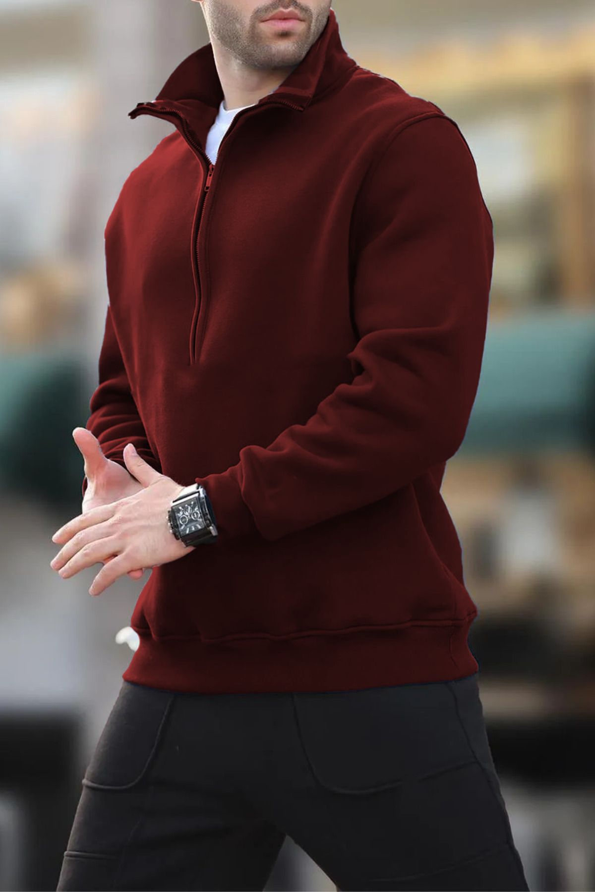 ruNadeS-Burgundy Half Zippered Stand Collar Sweatshirt with Fleece Inside Winter Unisex 3 Thread 1