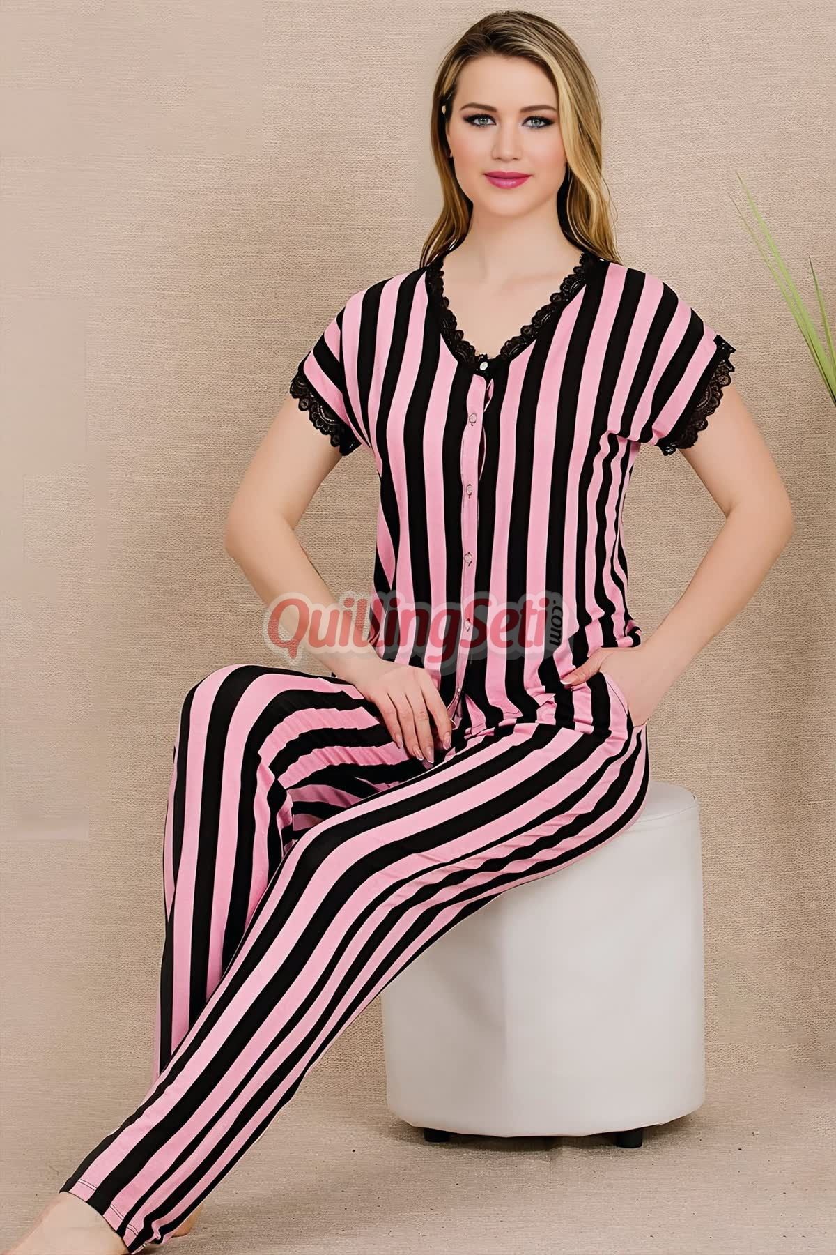 quilling Roz - Negru Culoare Și Model De Linii Lady 12496 Set De Pijamale Cu Mânecă Scurtă Pentru Femei, Bumbac, Viscoză Femeie - XL
