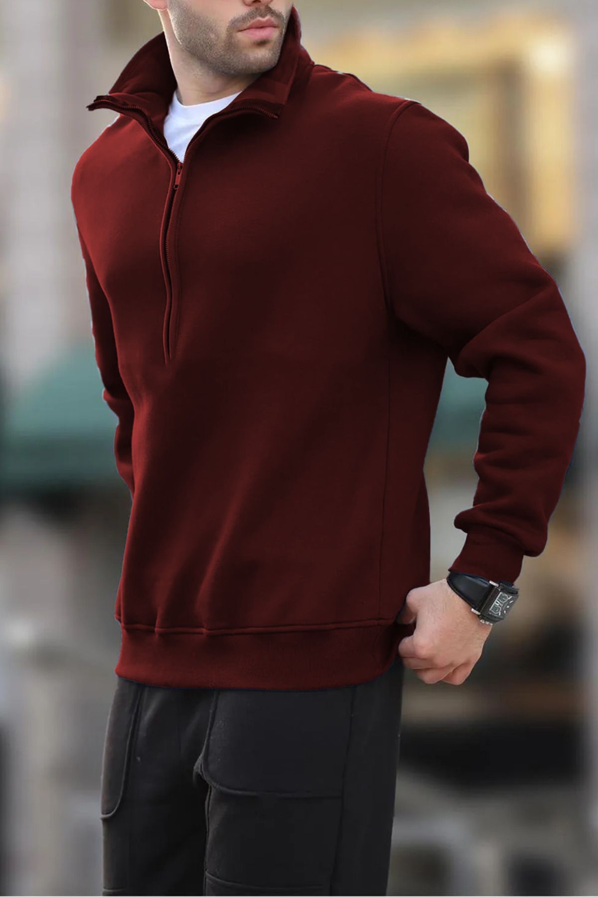 ruNadeS-Burgundy Half Zippered Stand Collar Sweatshirt with Fleece Inside Winter Unisex 3 Thread 2