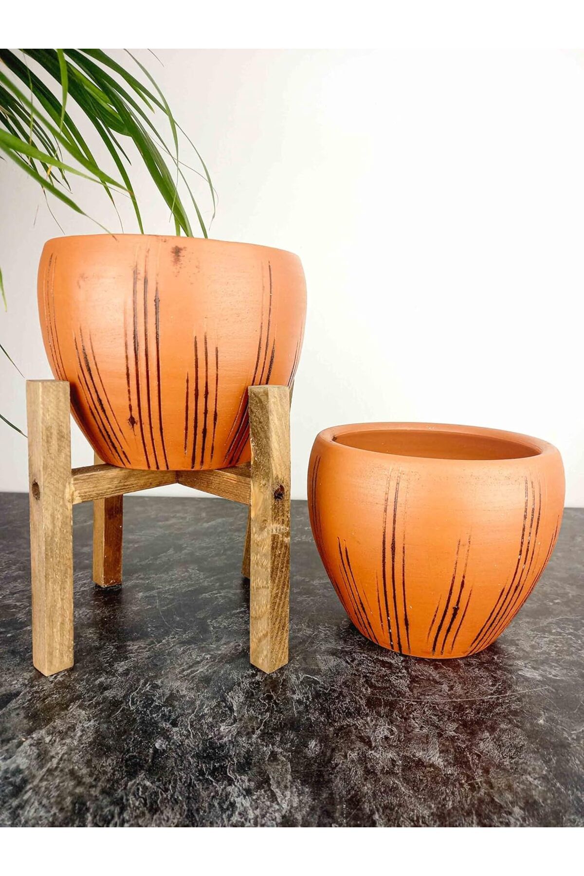 STOREMAX srhtDS Tasarımı Ev Dekorasyon Siyah Çizgi Desenli Terrakota Toprak Saksı Saksılık Salon Çiçe