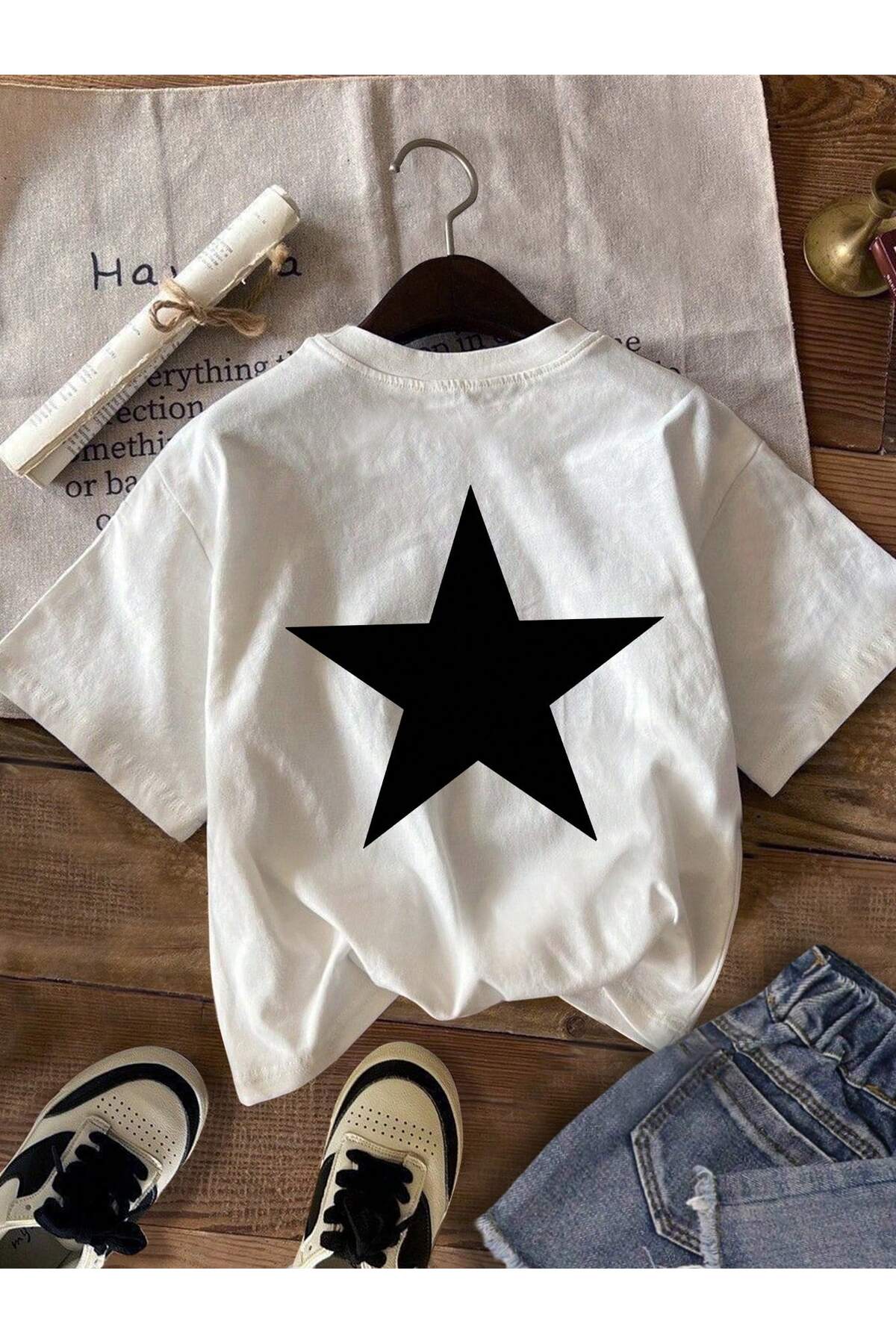 MODARİCH  3'lü Ok Star Dream T-shirt - Beyaz Pembe Siyah Oversize Baskılı Bisiklet Yaka Baskılı Kısa Kol Bol - Görsel 5