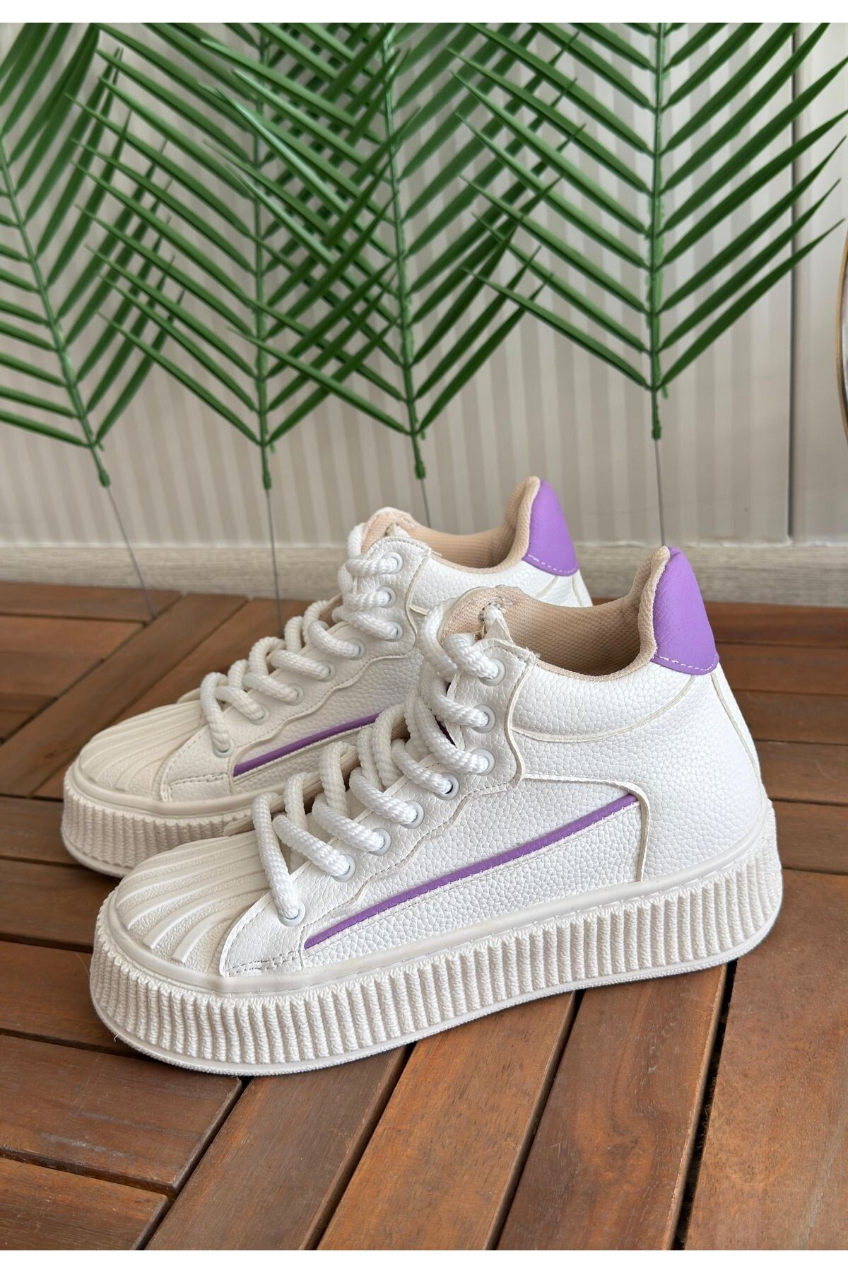 Moka Shopin-Mokashopin Estim White Skin Lilac Detailed Lace up Sneakers 1