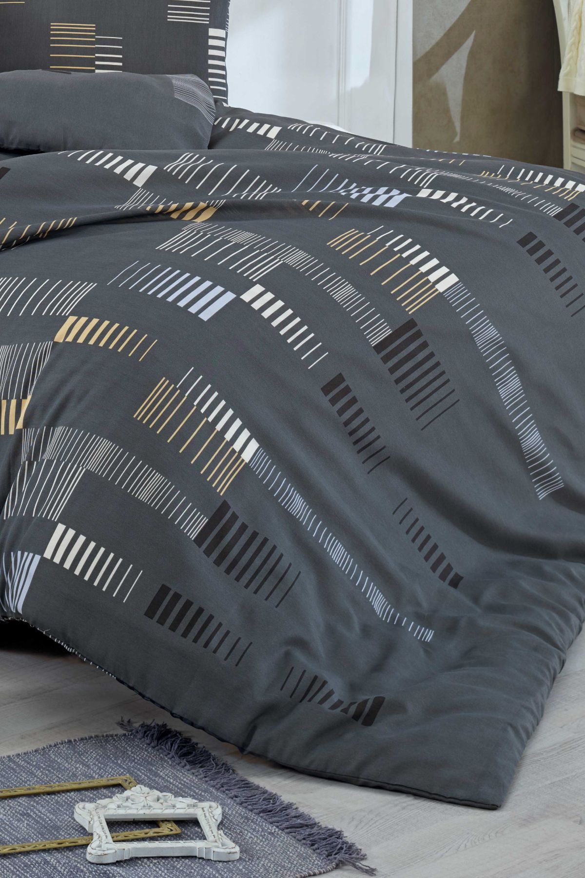 Eponj Home-Διπλό Σετ Παπλωματοθήκης Easy-Iron Trace Anthracite 5
