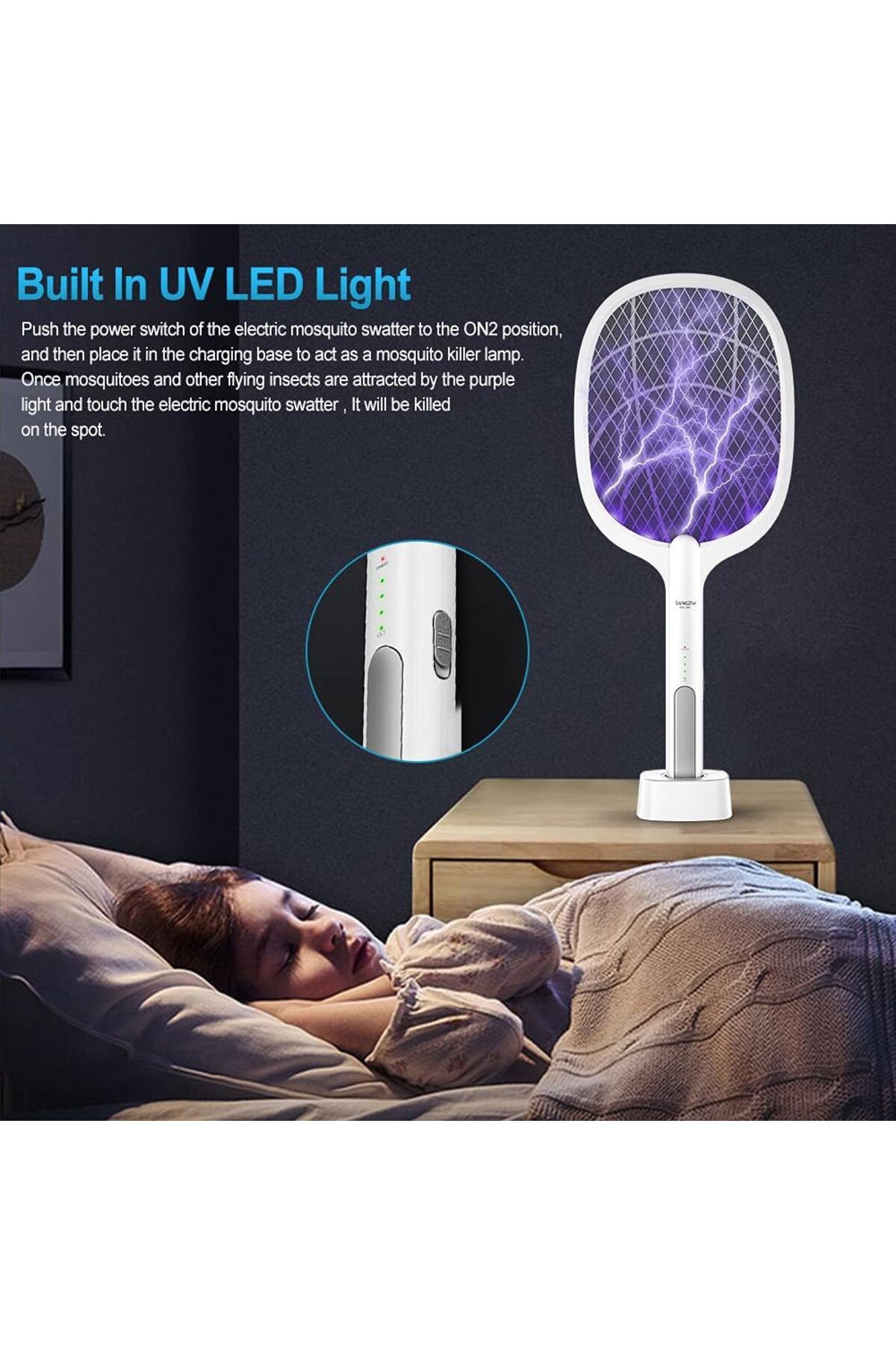 AWH-Electric Fly Swatter, 3500V USB Rechargeable Bug Zapper Racket with Charging Base, LED Light 3