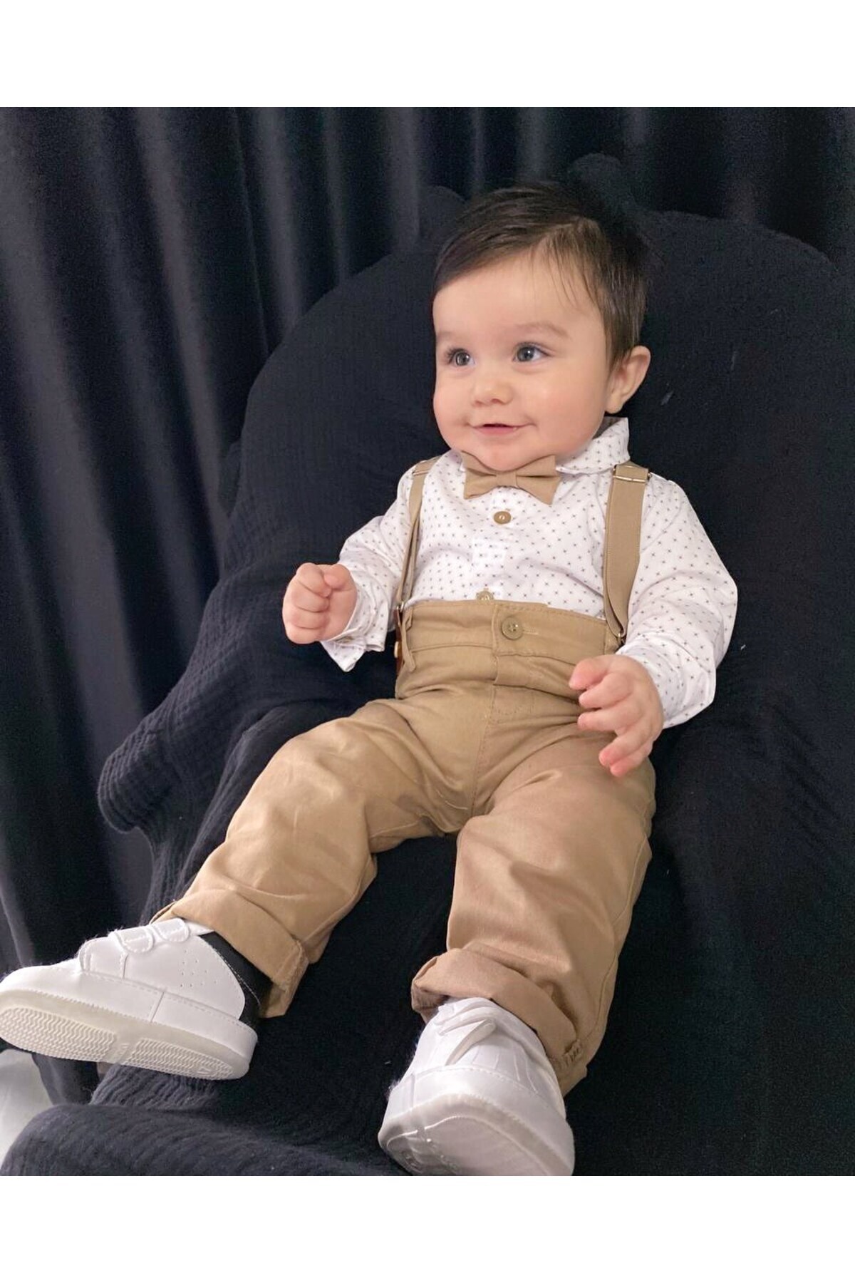 hümabebe Puantiye zıbın gömlekli tarz belden ayarlanabilir keten pantolonlu bayramlık 4lü Takım fotoğrafı 2 (önizleme)