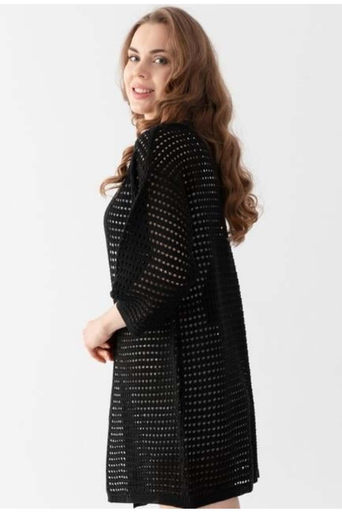 Irmak Kerekli  Kadın Delikli Triko Uzun Hırka 91136 Siyah - Görsel 3