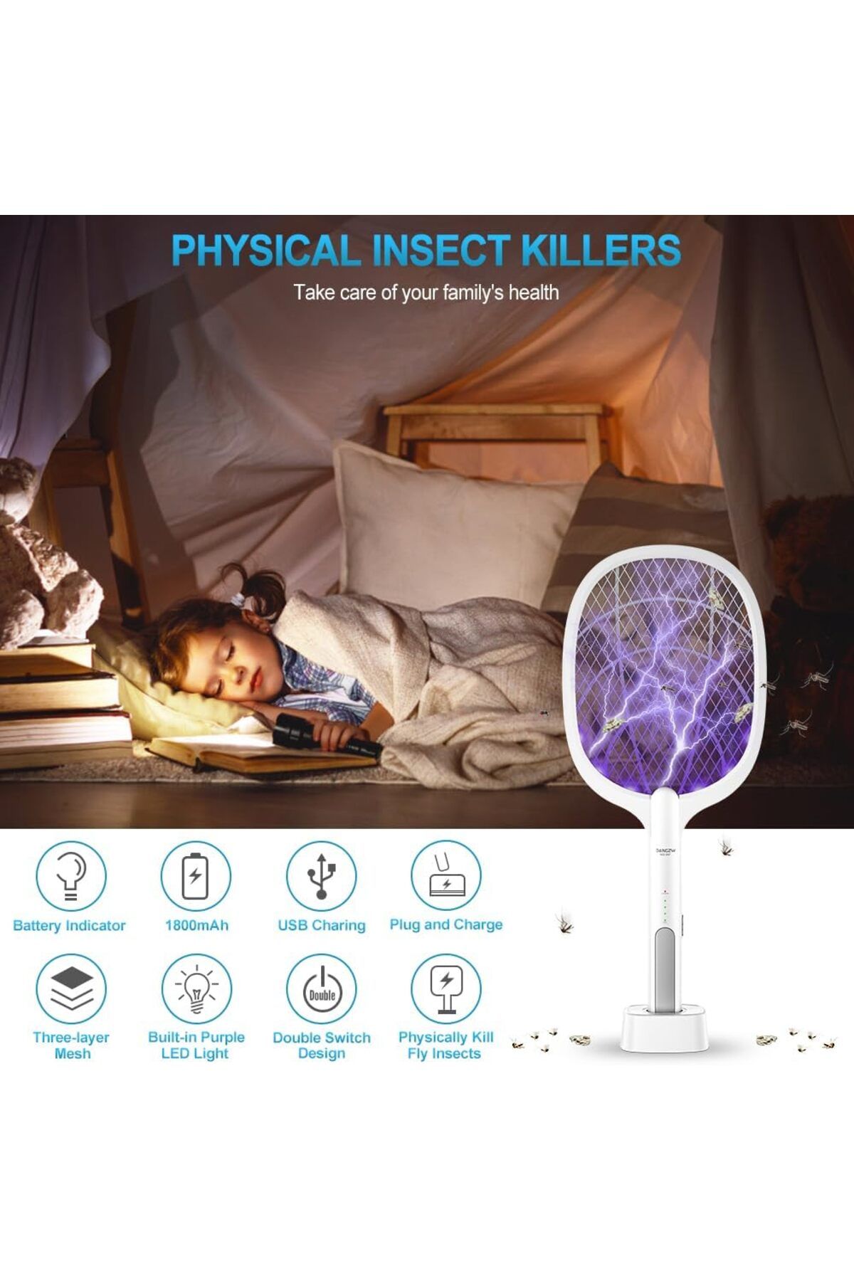 AWH-Electric Fly Swatter, 3500V USB Rechargeable Bug Zapper Racket with Charging Base, LED Light 2