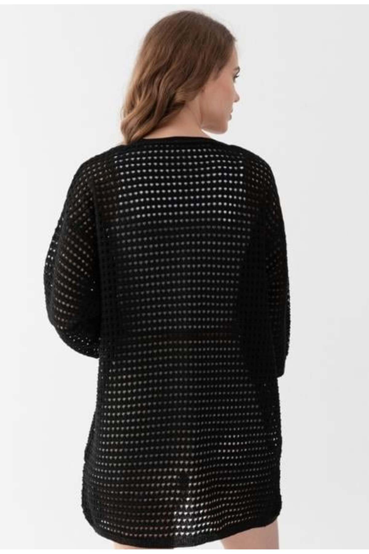 Irmak Kerekli  Kadın Delikli Triko Uzun Hırka 91136 Siyah - Görsel 6