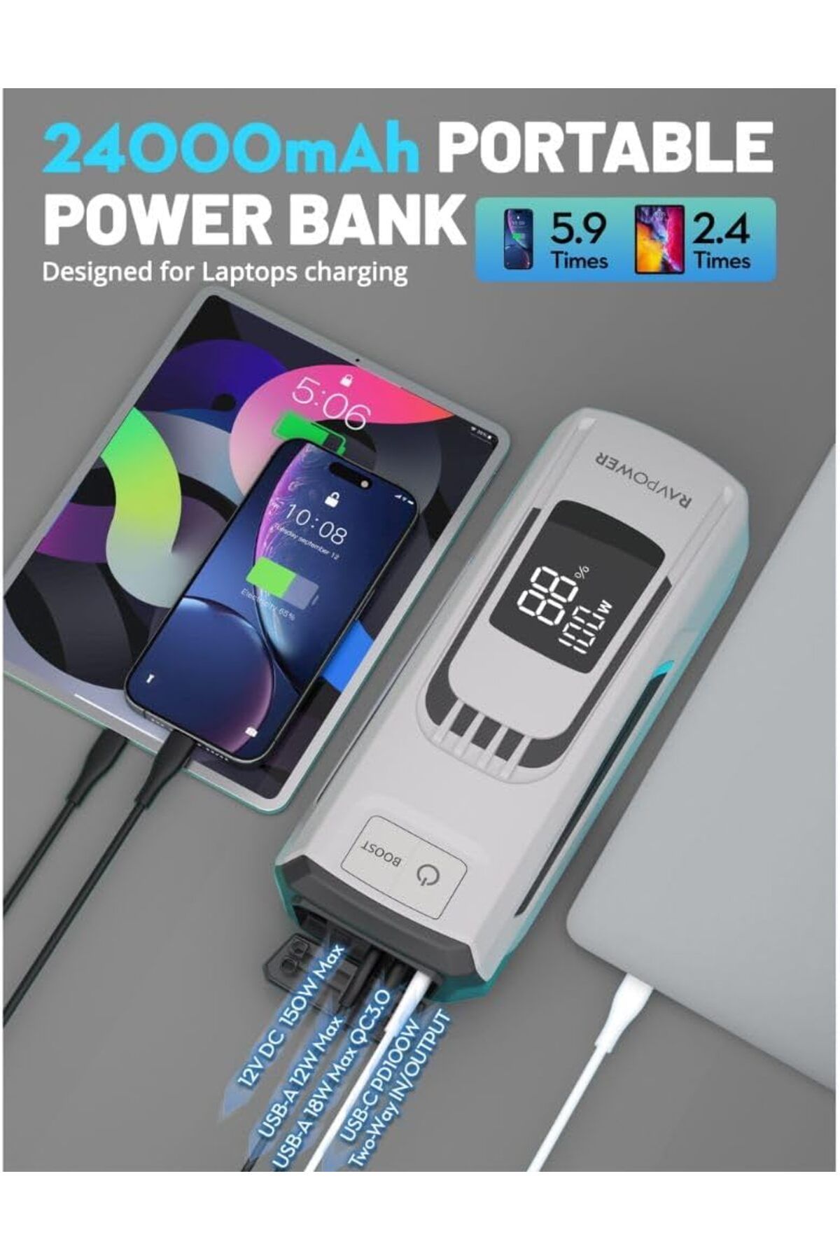 RavPower-3-in-1 Jump Starter with 24000mAh Power Bank & LED Flashlight, PB1227 5