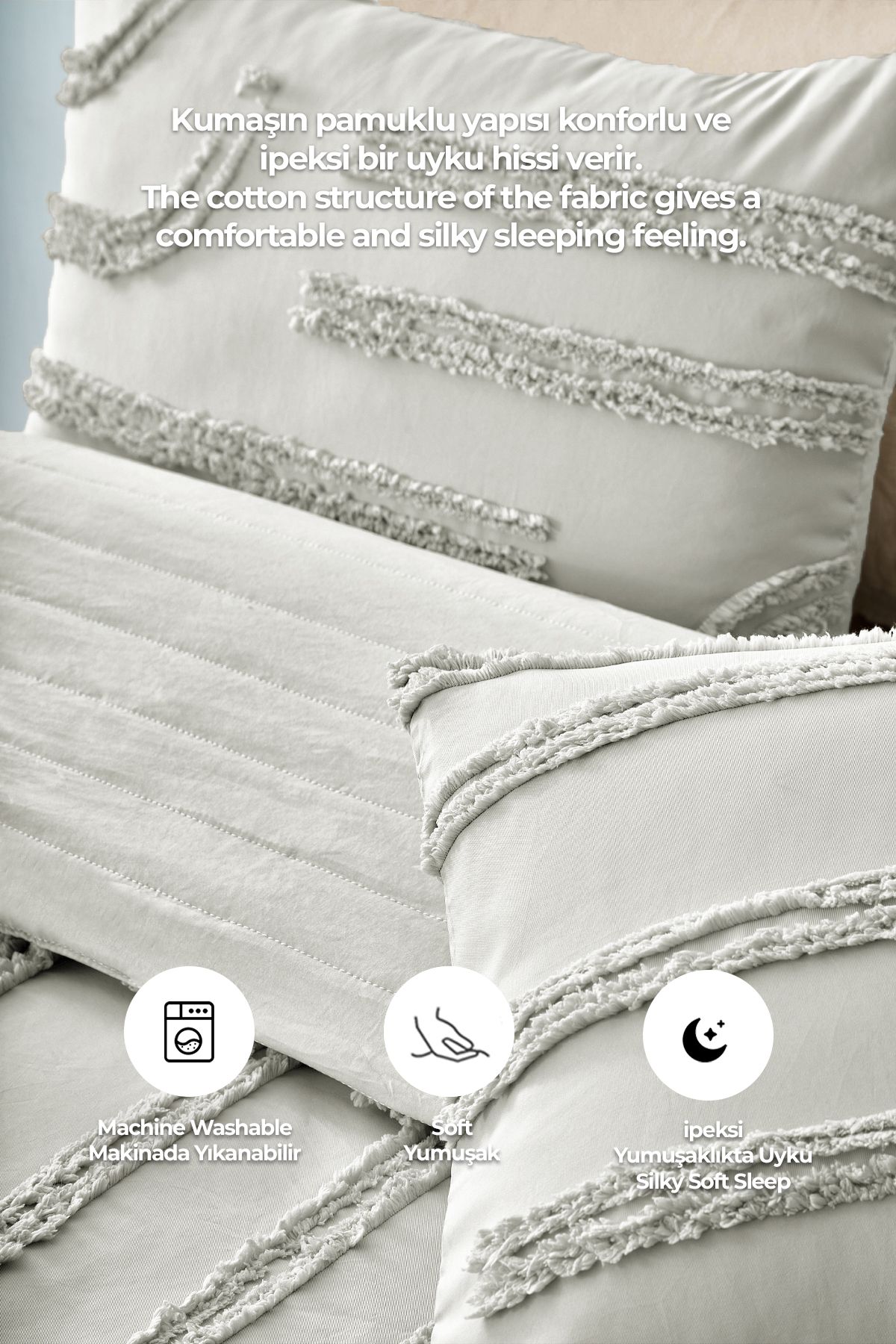 Evlen Home Collection-Sasha Cotton Embossed Bed Set - Single, 2 Pieces Filled, Cream Off White 2