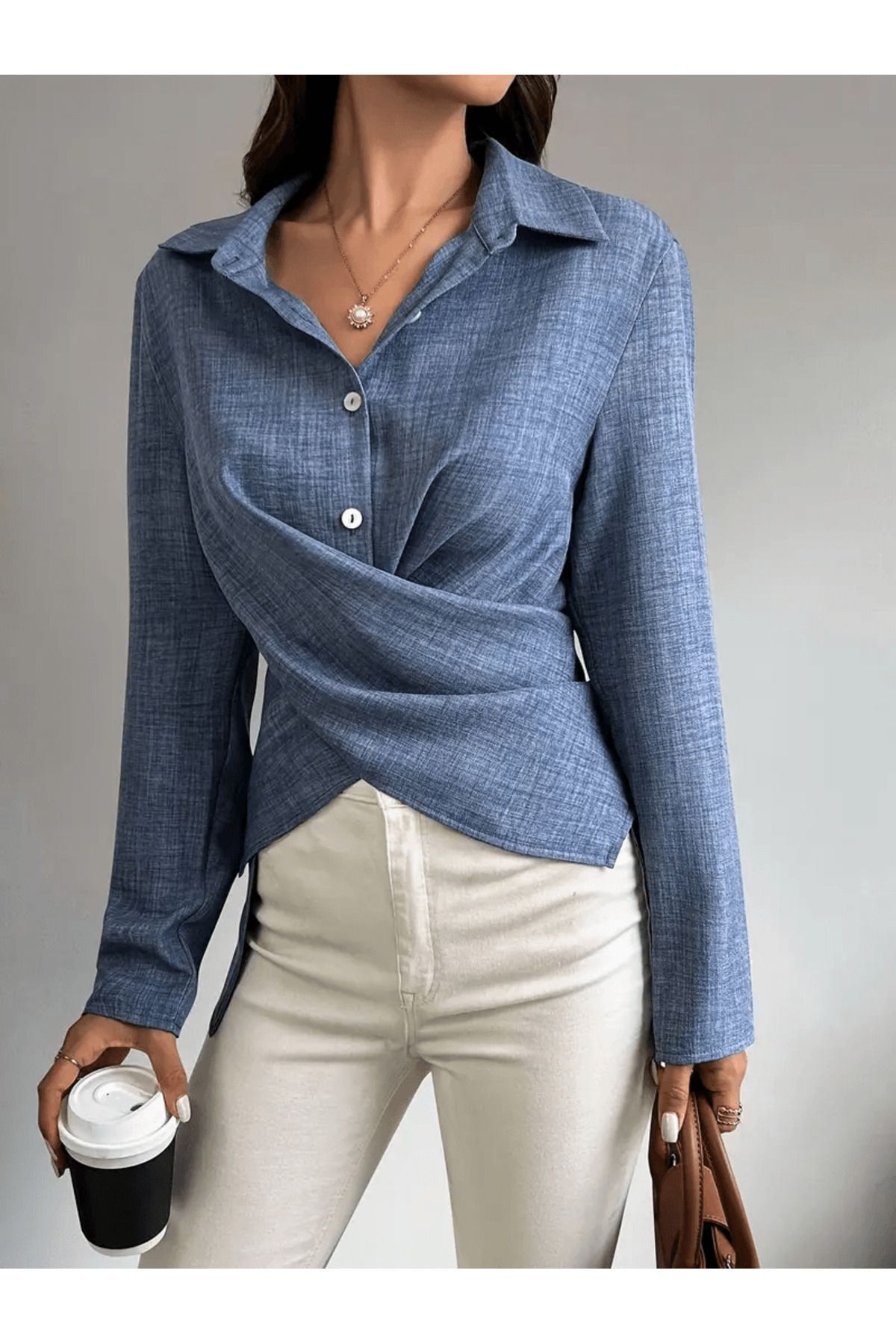 Moda Monisa-Sofia Linen Shirt |   Front Button, Cross Tie Back, Blue 4