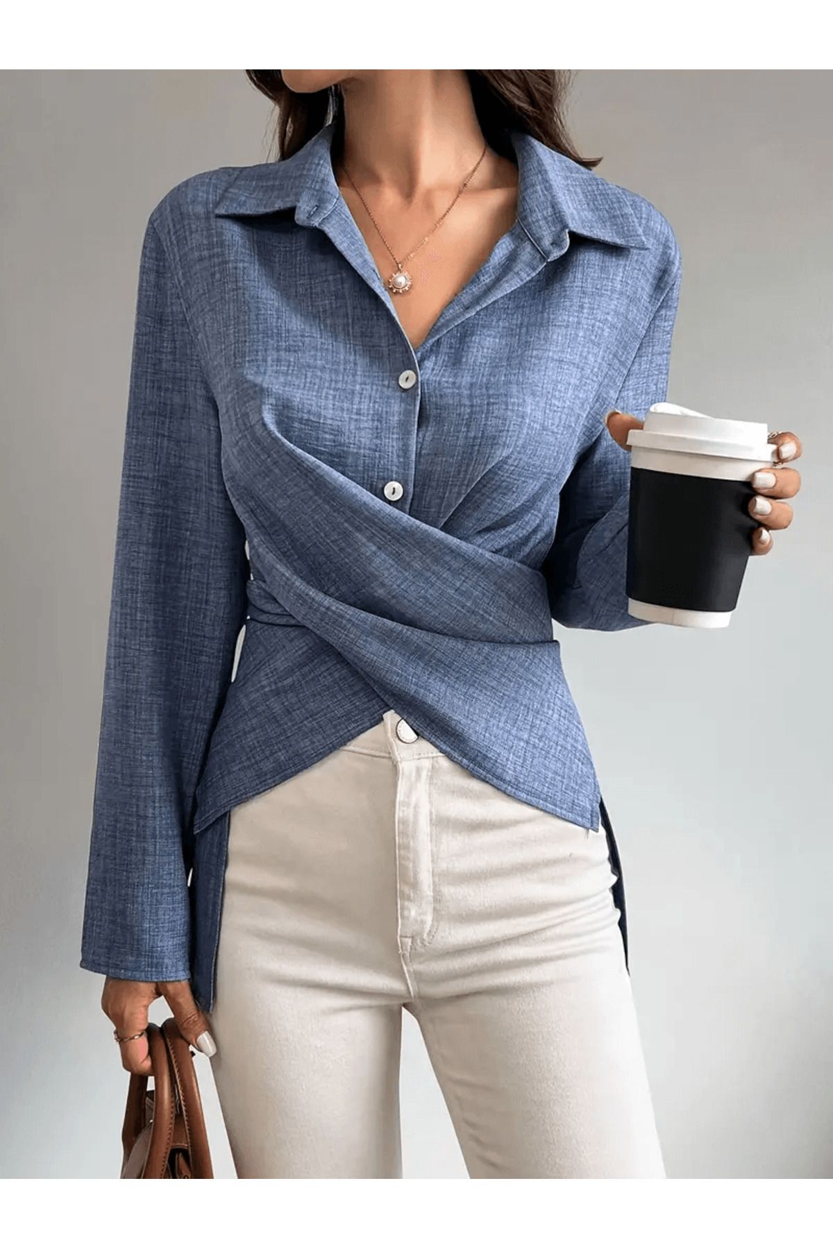 Moda Monisa-Sofia Linen Shirt |   Front Button, Cross Tie Back, Blue 1