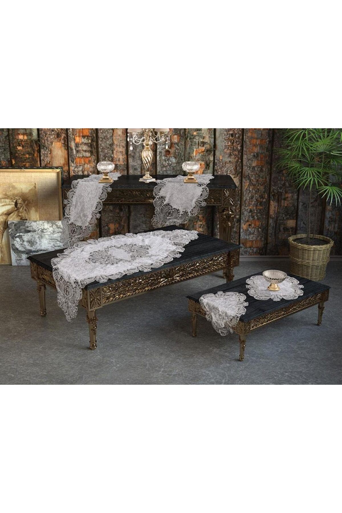 STOREMAX Fransız Güpürlü Yasemin Kadife Salon Takımı 5 Parça Gri 161756 1053513