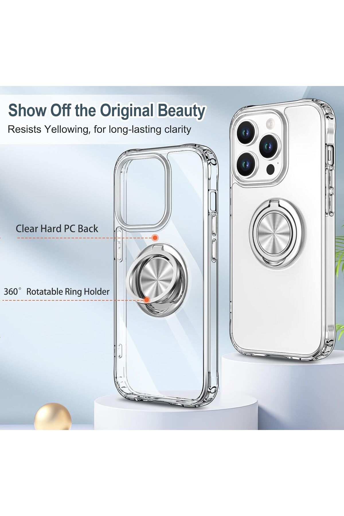 AWH-جراب iPhone 14 Pro Max مع حامل حلقي يدور 360 درجة، وحامل مغناطيسي، ودعم للتثبيت، شفاف 4