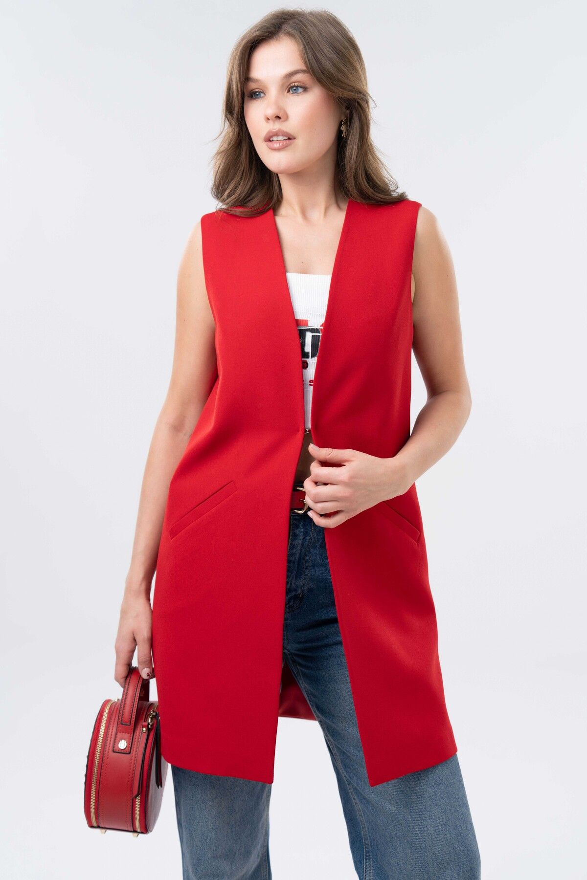 Saade-Red Agraph Closure Pocket Comfortable Cut Vest 1