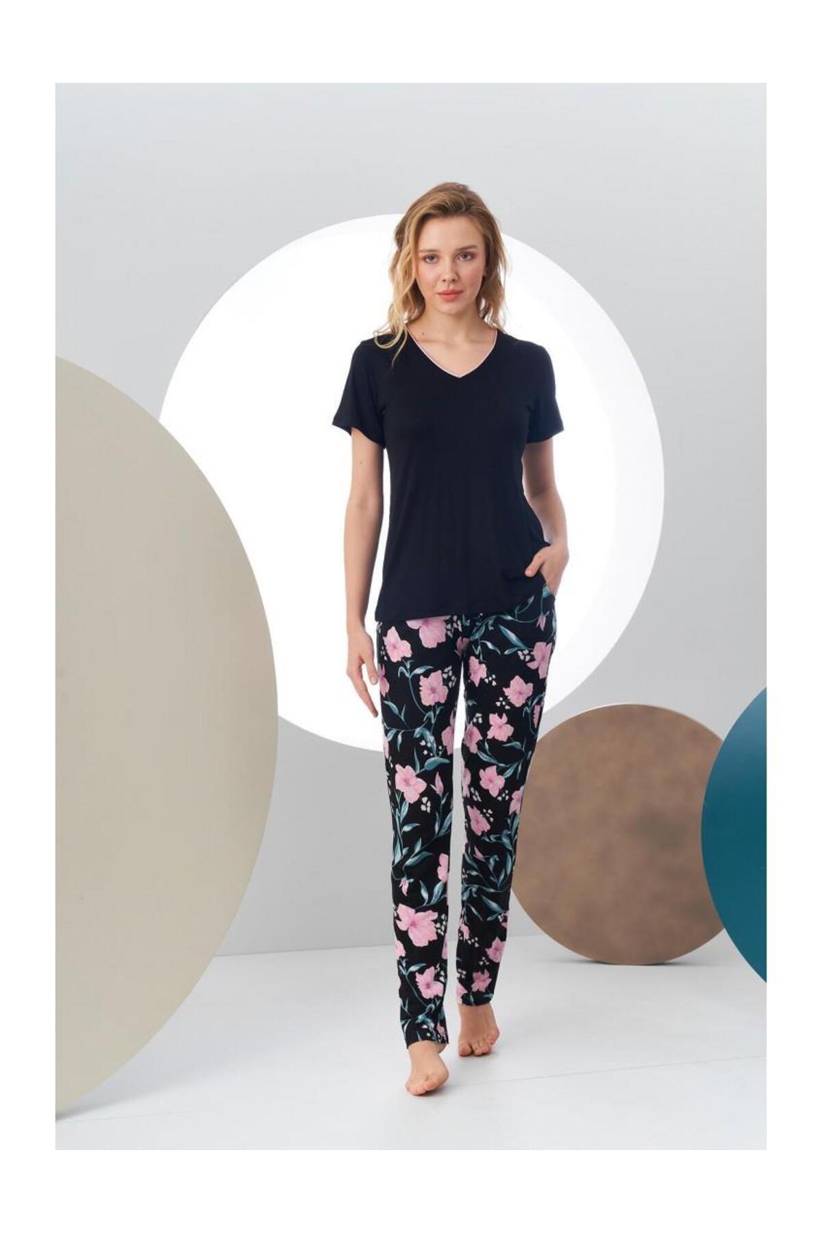 PJS-24168 Set de pijamale cu mâneci scurte și cu decolteu în V pentru damă 5