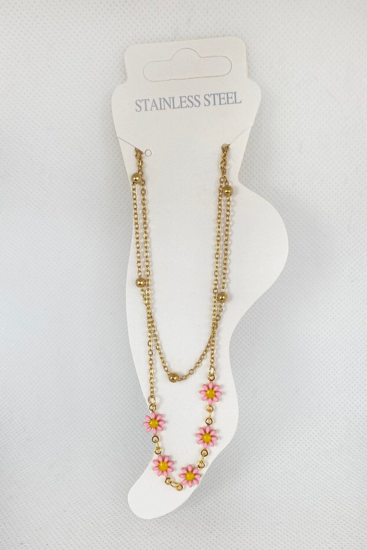 TAKIŞTIR-Gold Color Pink Beaded Daisy Figured Anklet 2