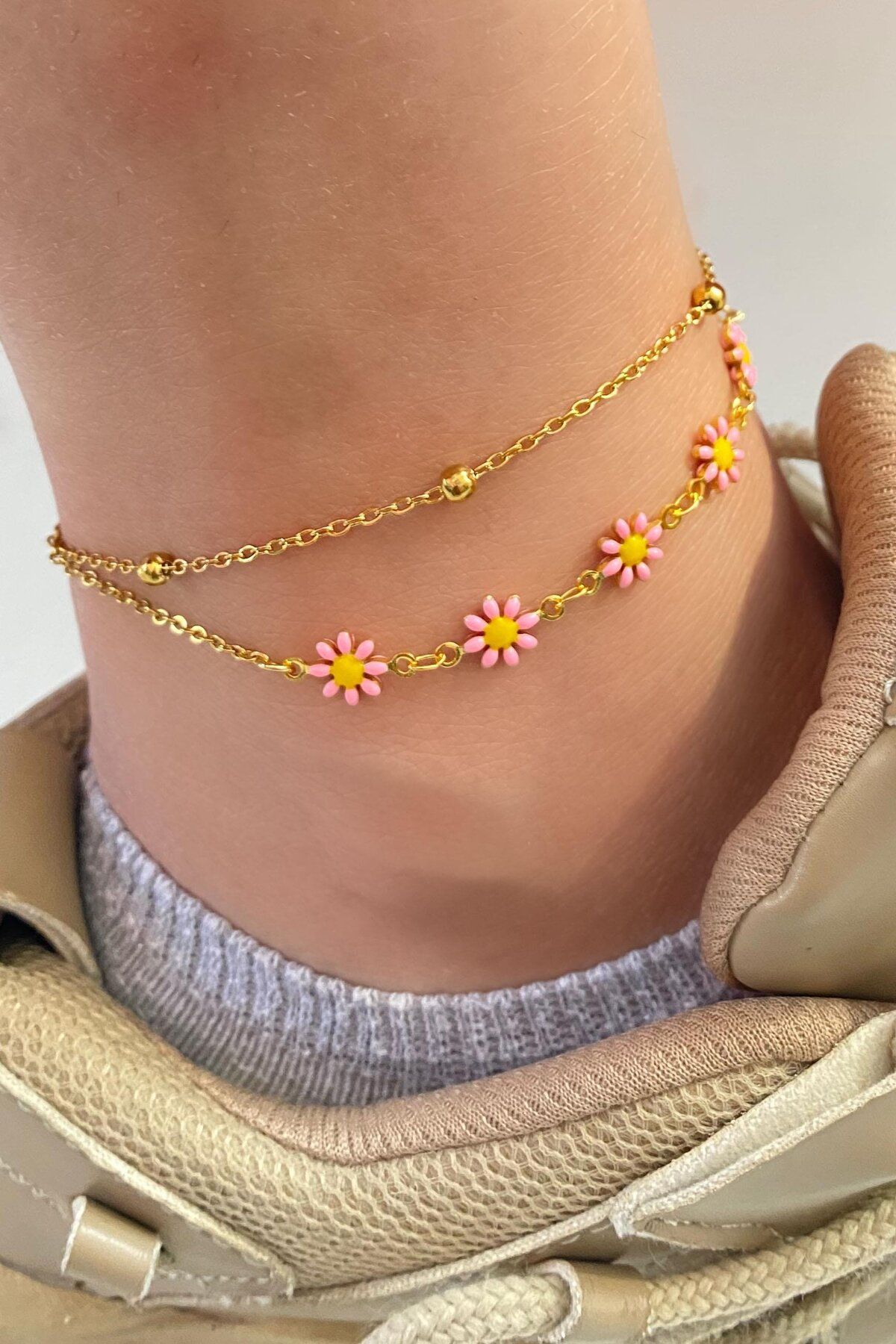 TAKIŞTIR-Gold Color Pink Beaded Daisy Figured Anklet 1