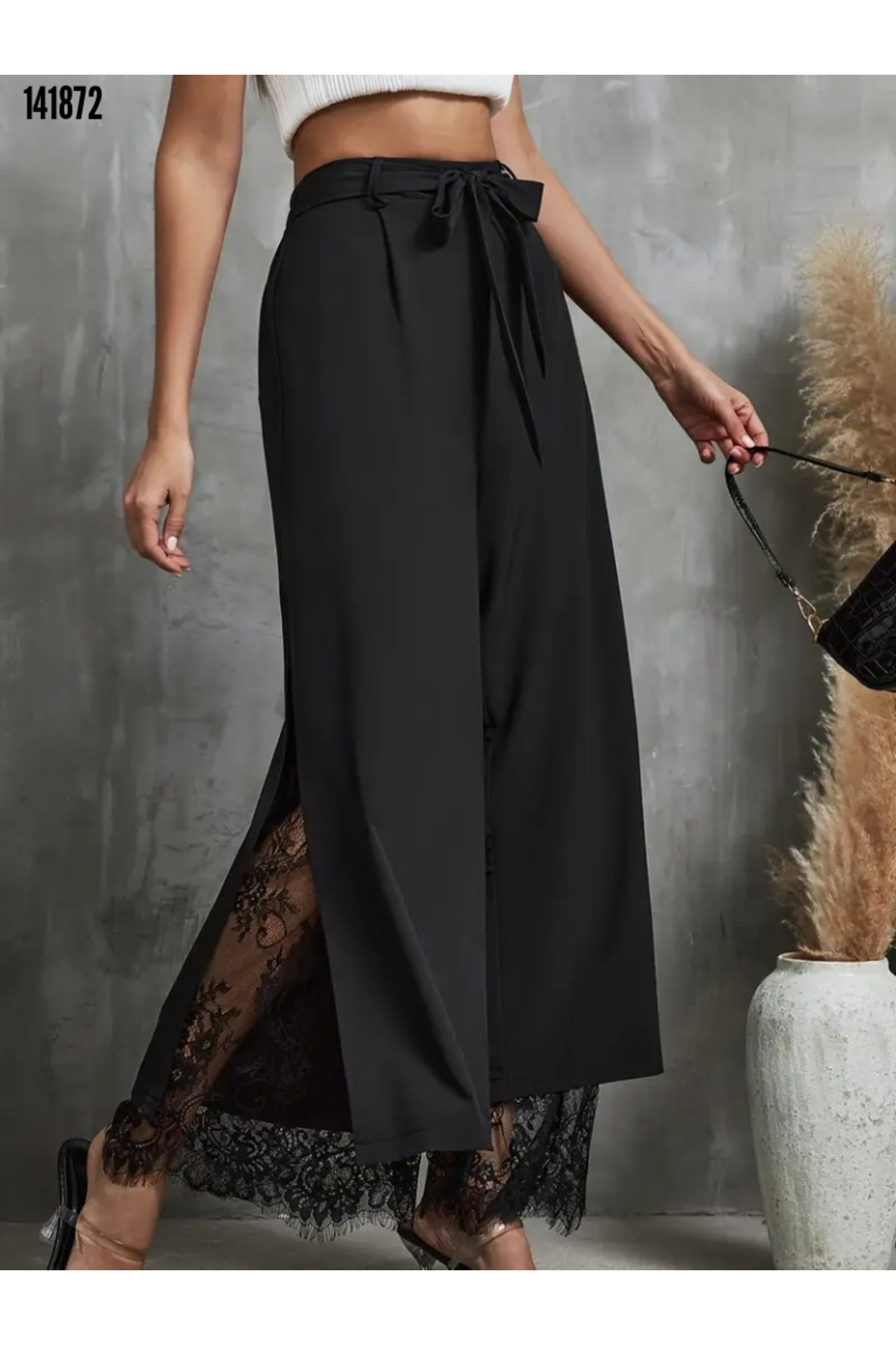 Kokosh moda  Kadın Yüksek Bel Dantel Detaylı Kemerli Dalgıç Kumaş Pantolon - Görsel 2