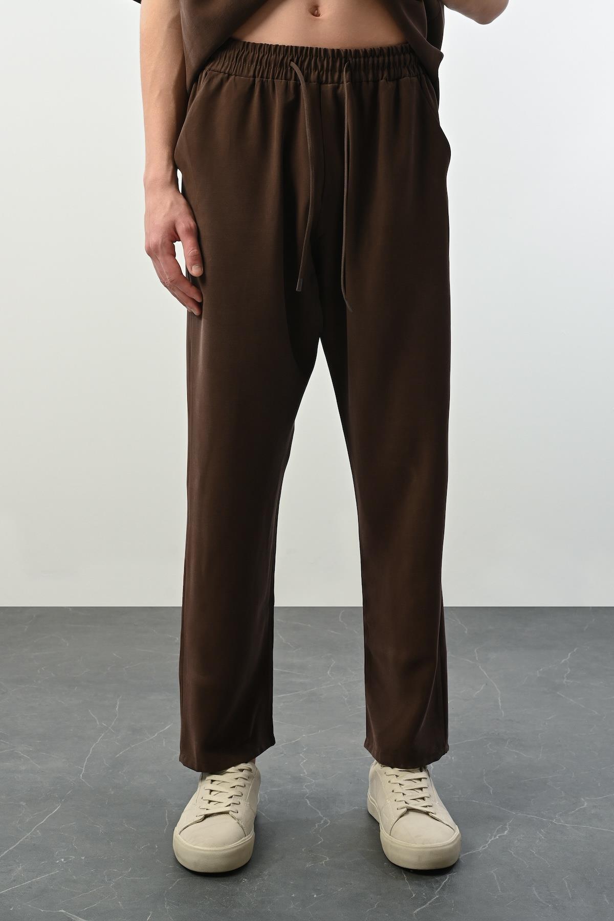 Valiberta-Ανδρικό παντελόνι Soft Touch Fabric Baggy Fit Elastic - Καφέ 1