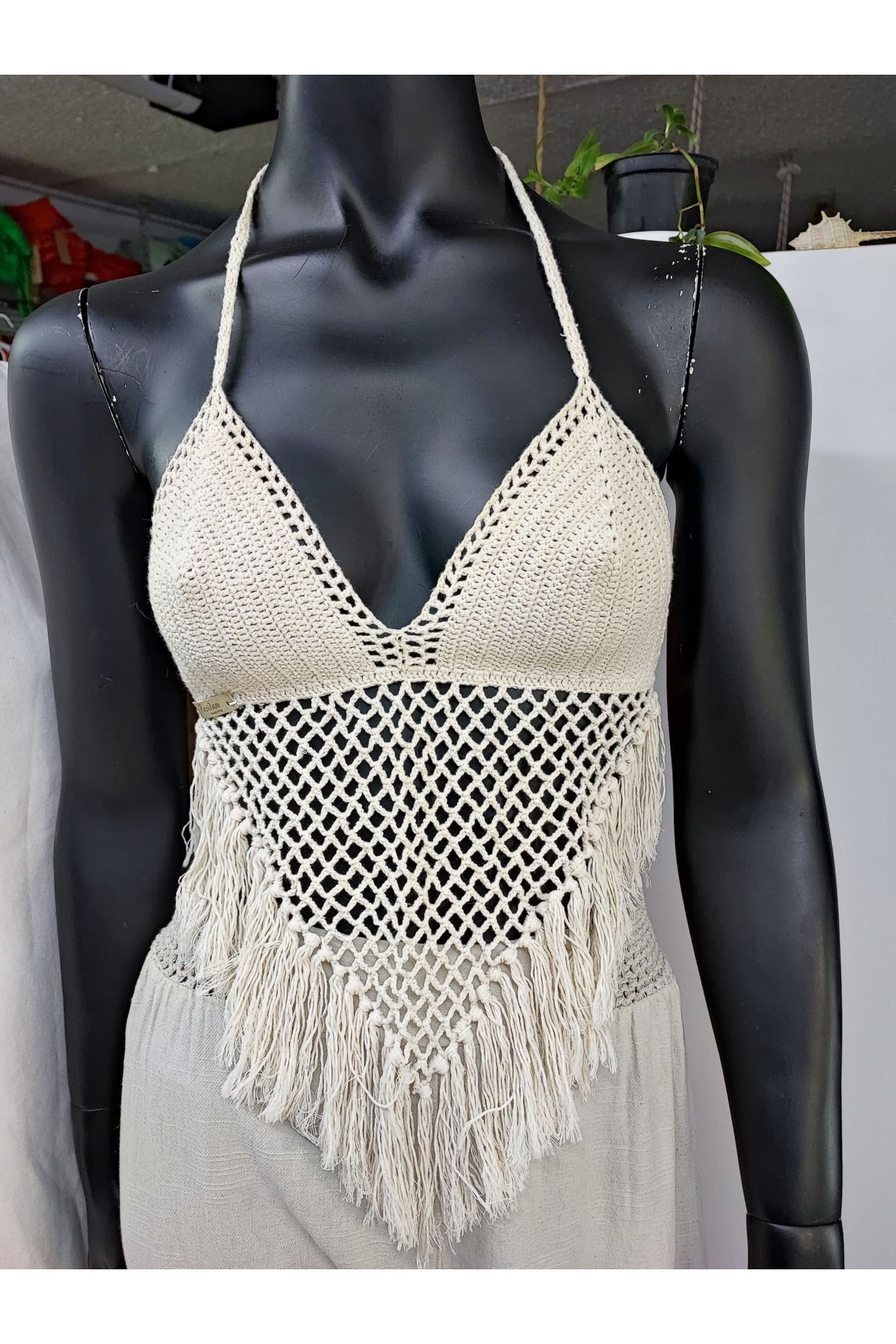 Sosyete Kaplumbağa-Cotton-Threaded Halter Neck and Waist - Crochet Knit Crop Bustier 2