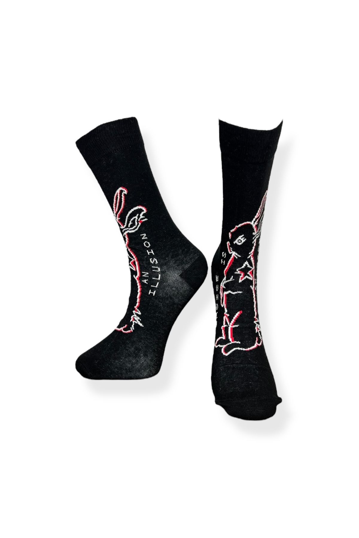 Mevo-Single Unisex Rabbit Patterned Black Color Stretchy Moisturizing Cotton Socks 3