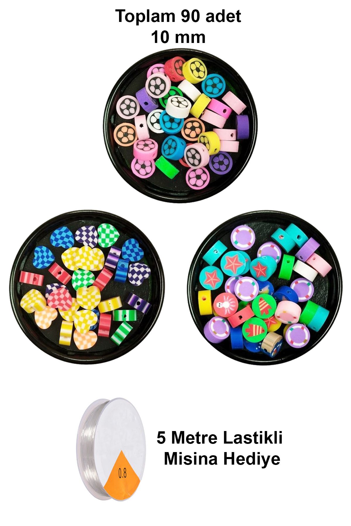 NETWORK ART 90 Adet 10 mm Polimer Kil Fimo Boncuk Takı Bileklik + 5 Metre Misina Hediye - Kalp - Deniz - Çiçek