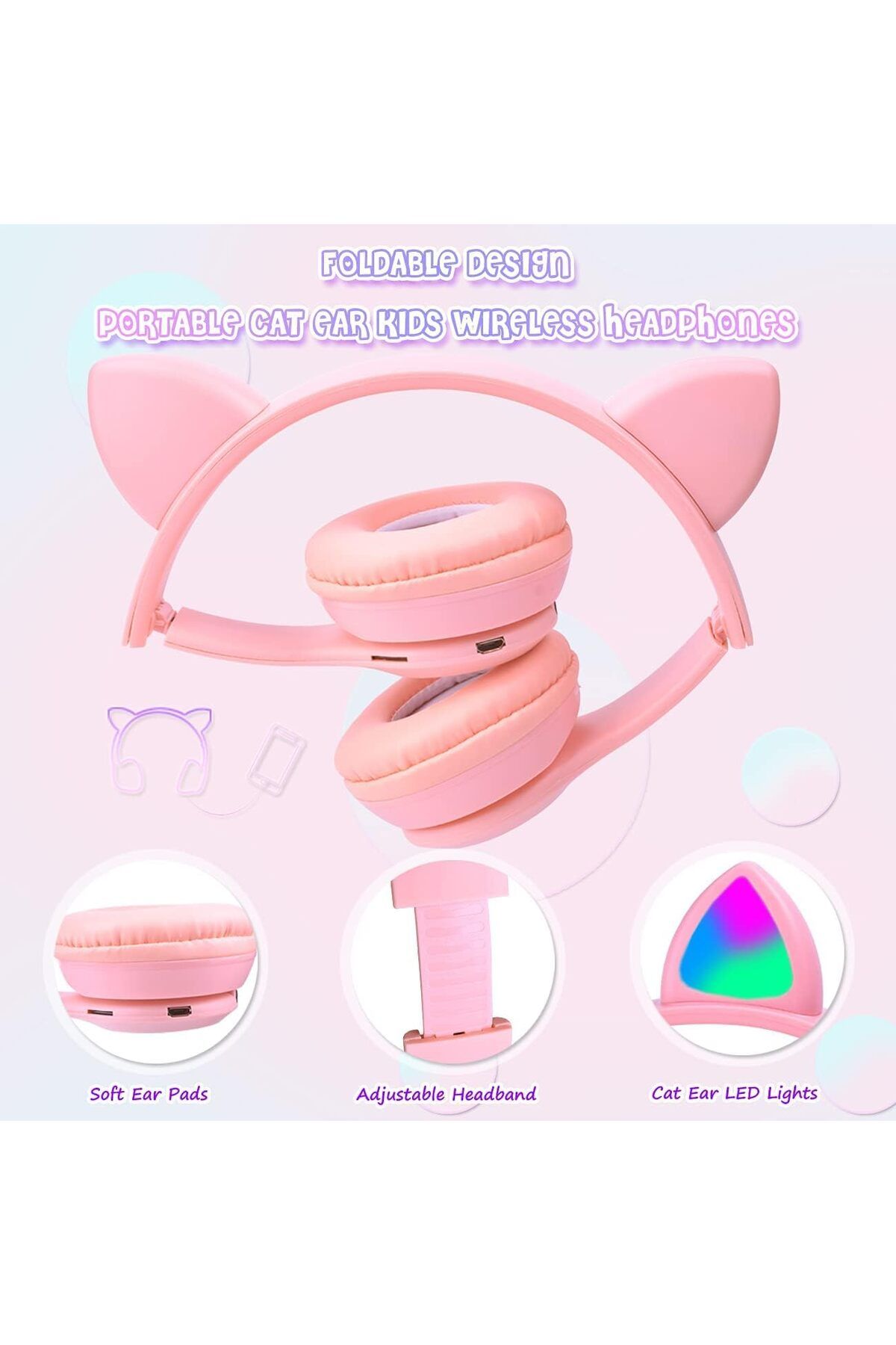 AWH-Kids Wireless Headphones, Bluetooth Over Ear with Microphone, Cat Ear LED Light, Pink 5