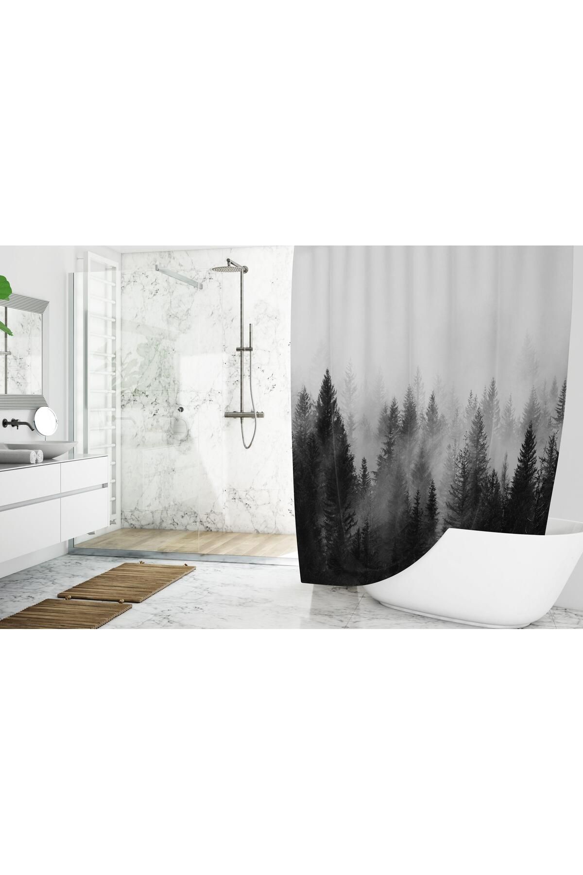 Zethome Banyo Perdesi 1x180x200 Tek Kanat Duş Perdesi Halka Hediyeli Duşakabin Perdesi Forest View