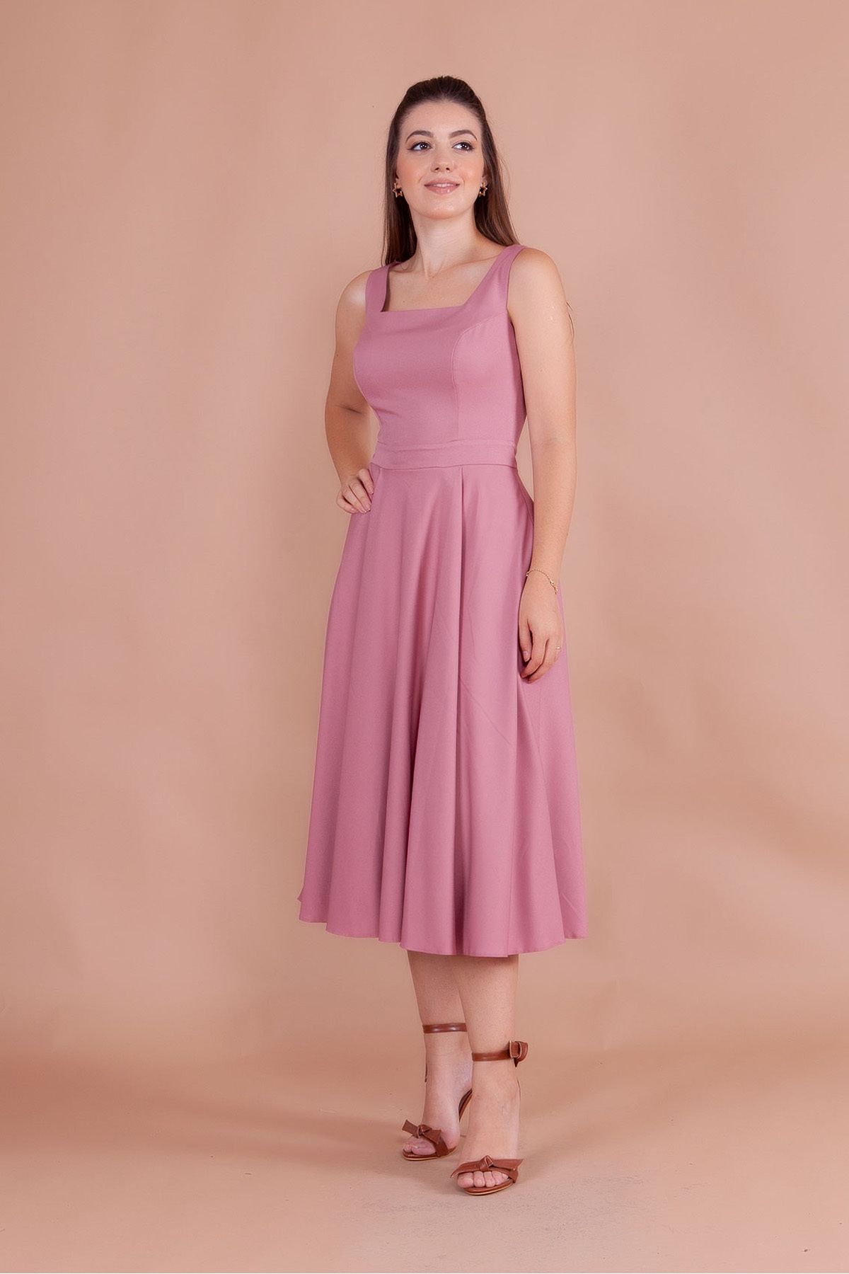 RURIS-Women's Dusty Rose Square Neck Sleeveless Midi Length Evening Dress Graduation Dress 2