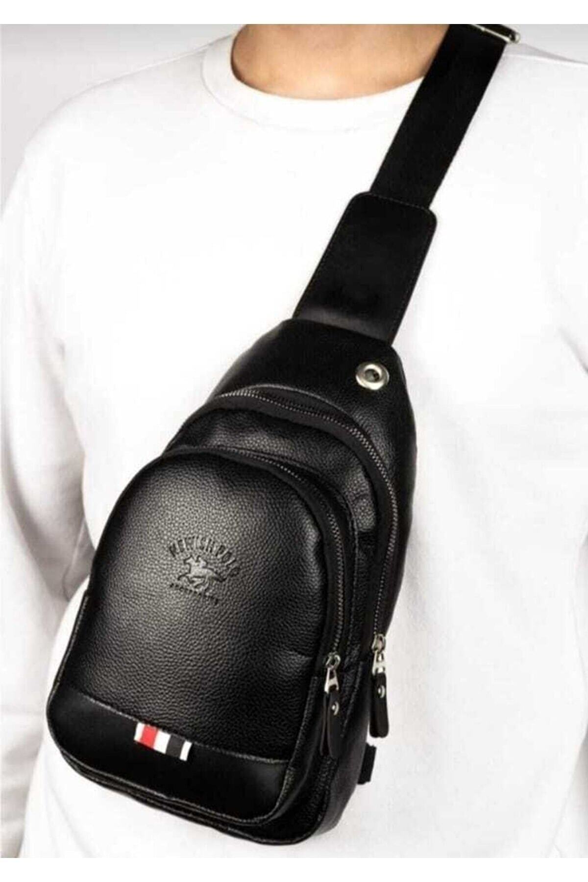 NEWISH POLO ACCESSORIES Newish Polo Deri Unisex Çapraz Askılı Çanta Göğüs Çanta Kulaklık Çıkışlı Omuz Çanta Günlük Tek Kol görsel 5
