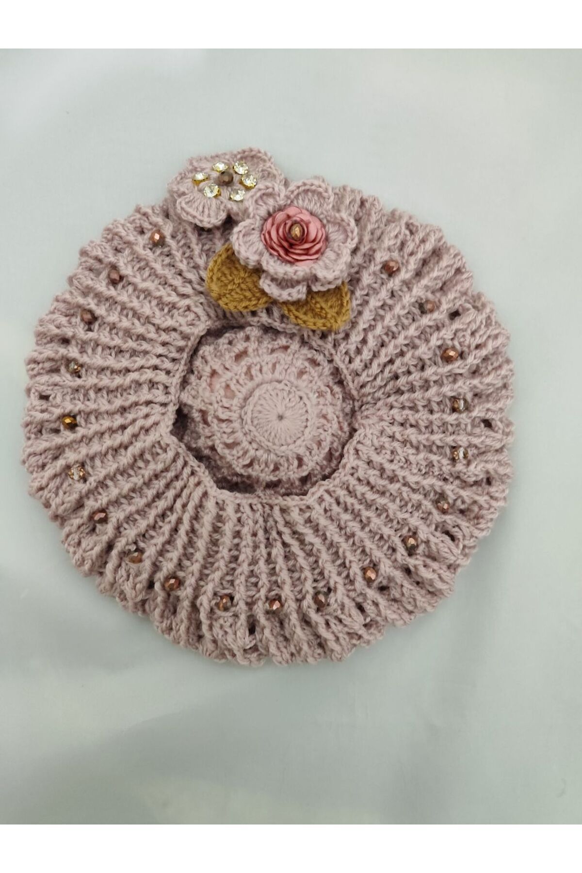 drt tasarım-Hand Knitted Crochet Design Powder Color Painter Beret with Pompom 7