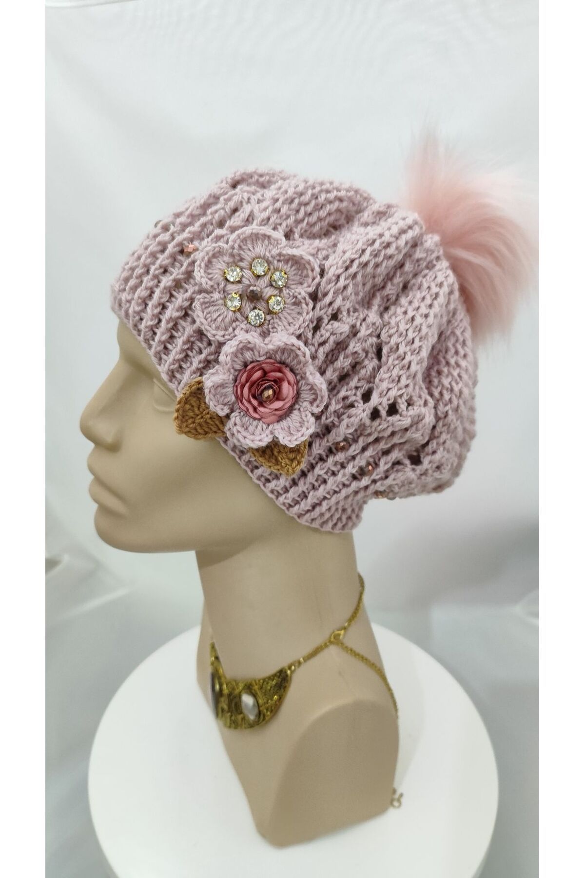 drt tasarım-Hand Knitted Crochet Design Powder Color Painter Beret with Pompom 5