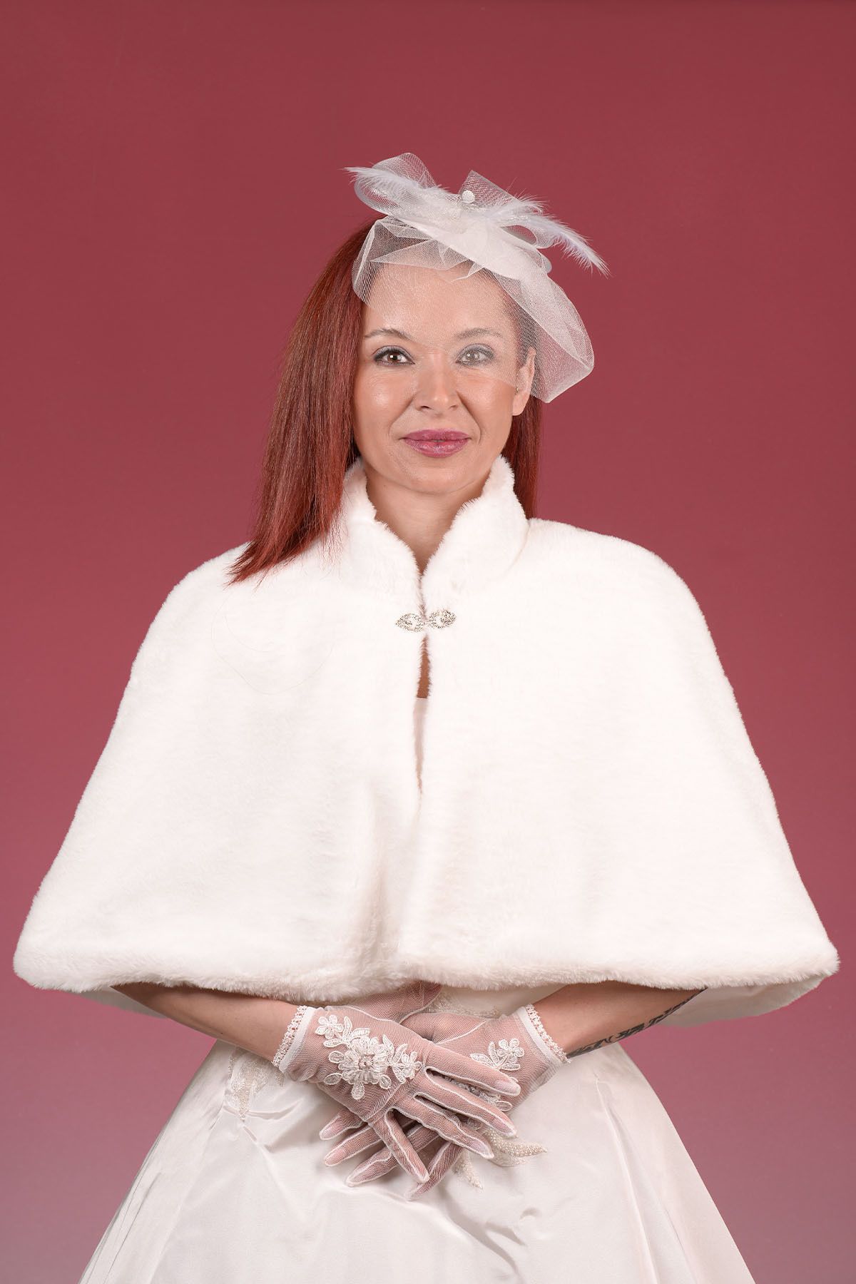 Sed da Exclusive-Off White Bridal Bolero - Collared Long Brooches and Fur Etol Invitation Poncho Jacket 1