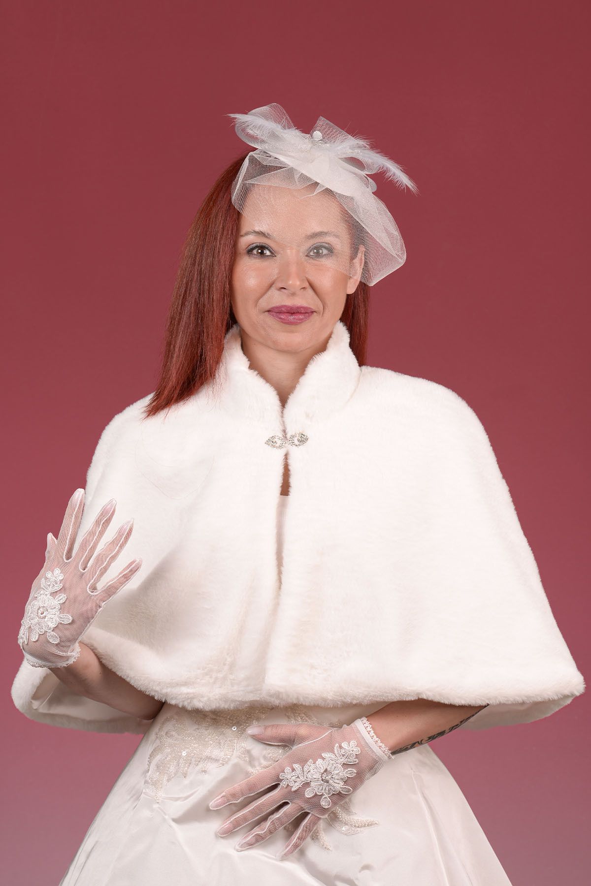 Sed da Exclusive-Off White Bridal Bolero - Collared Long Brooches and Fur Etol Invitation Poncho Jacket 2