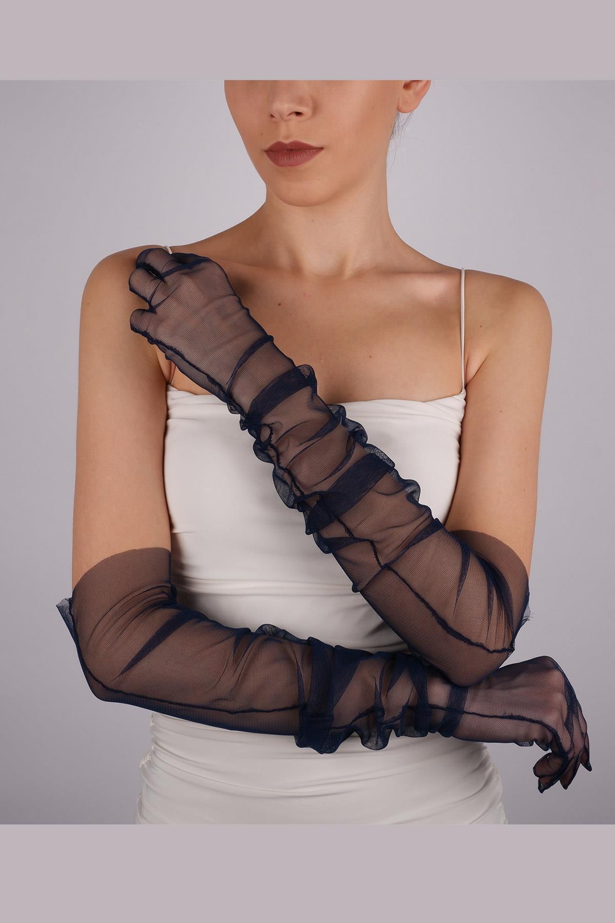 Limelia Lacivert Uzun Şık Gelin Eldiveni Tül Eldiven Nikah/düğün Eldiveni