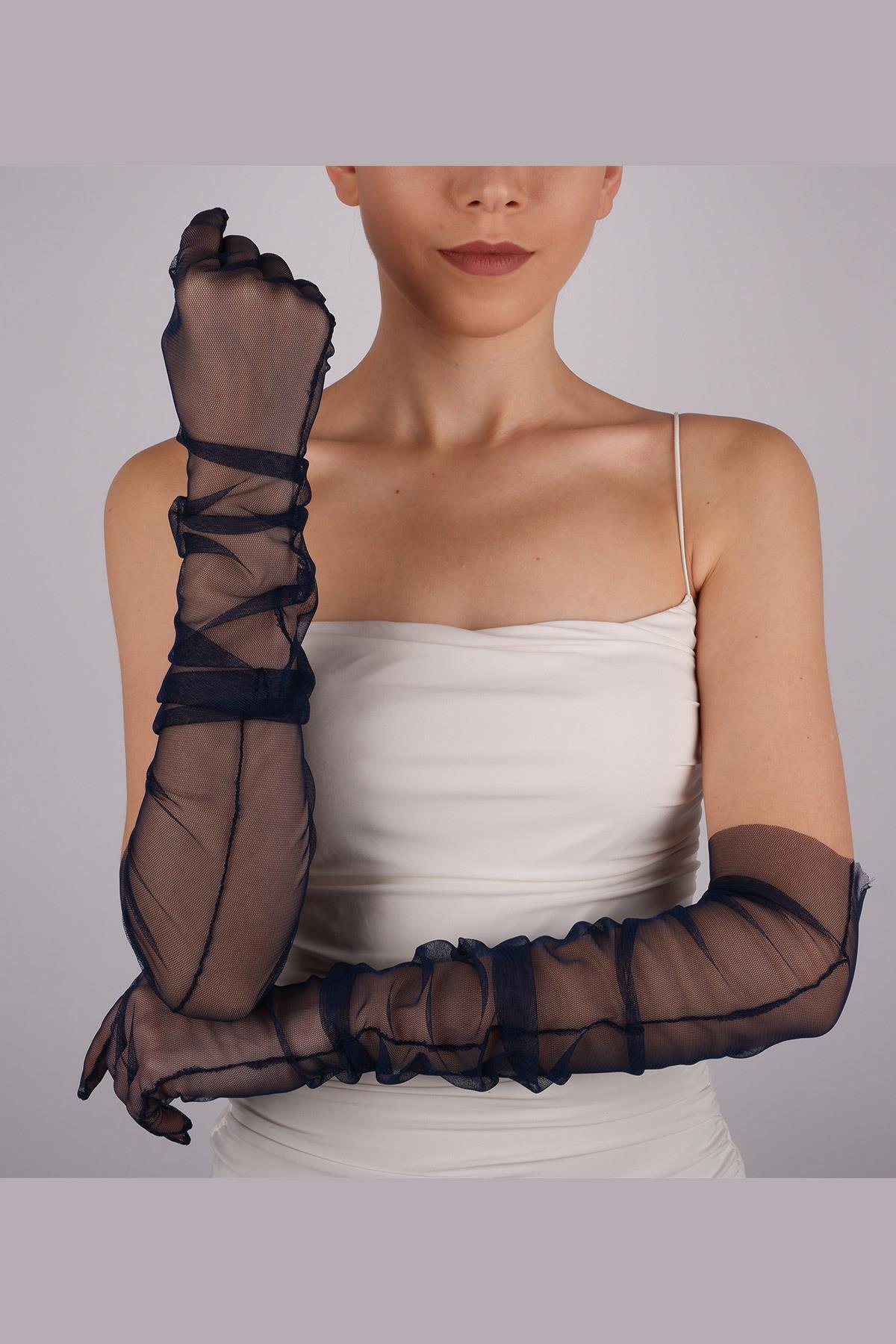 Limelia Lacivert Uzun Şık Gelin Eldiveni Tül Eldiven Nikah/düğün Eldiveni görsel 2