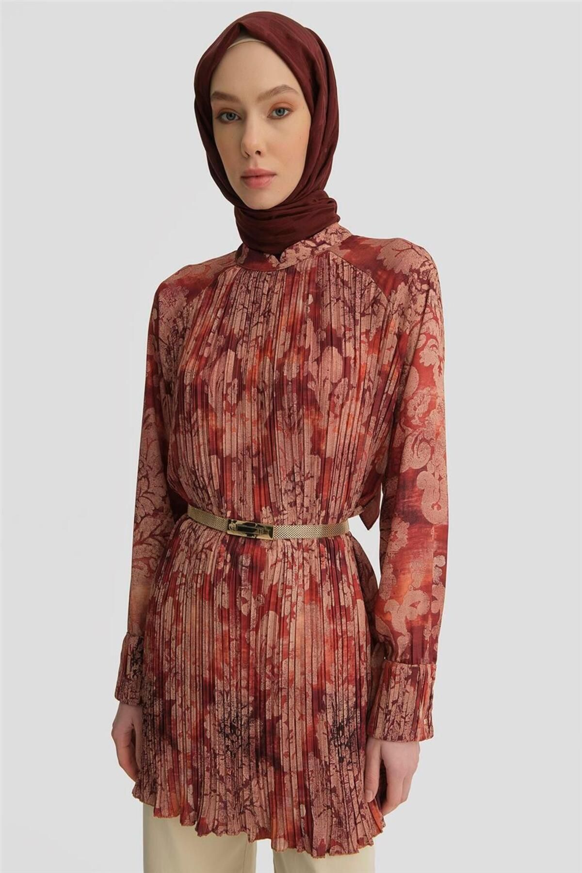تونیک طرح دار و چین دار 25y4614 قرمز تیره Armine