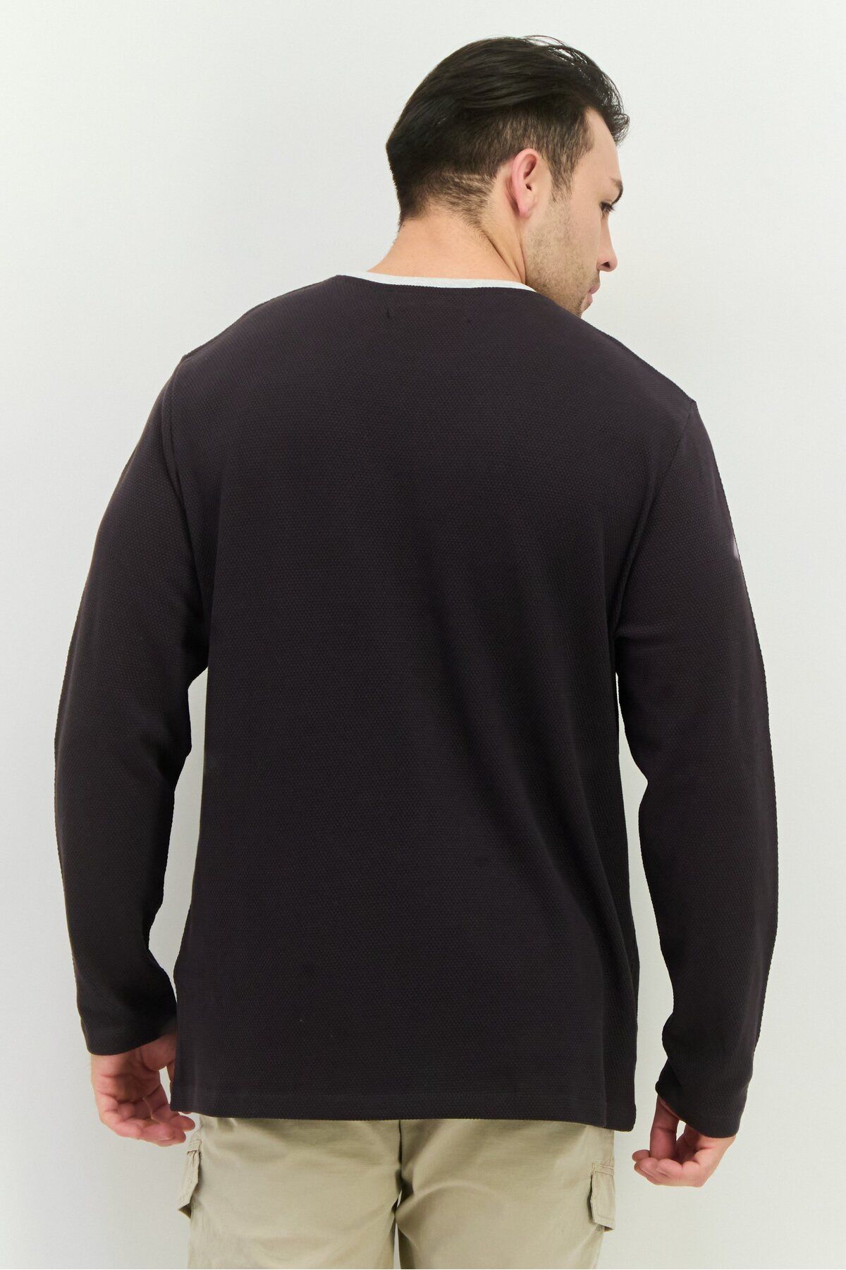 French Connection-Men Crew Neck Long Sleeve Textured T-Shirt, Charcoal Grey 3