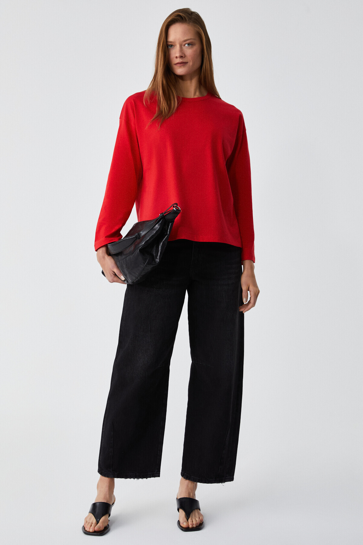 GRIMELANGE  Basıl Kadın %100 Organik Pamuk Bisiklet Yaka Oversize Fit Uzun Kollu Kırmızı T-Shirt - Görsel 2