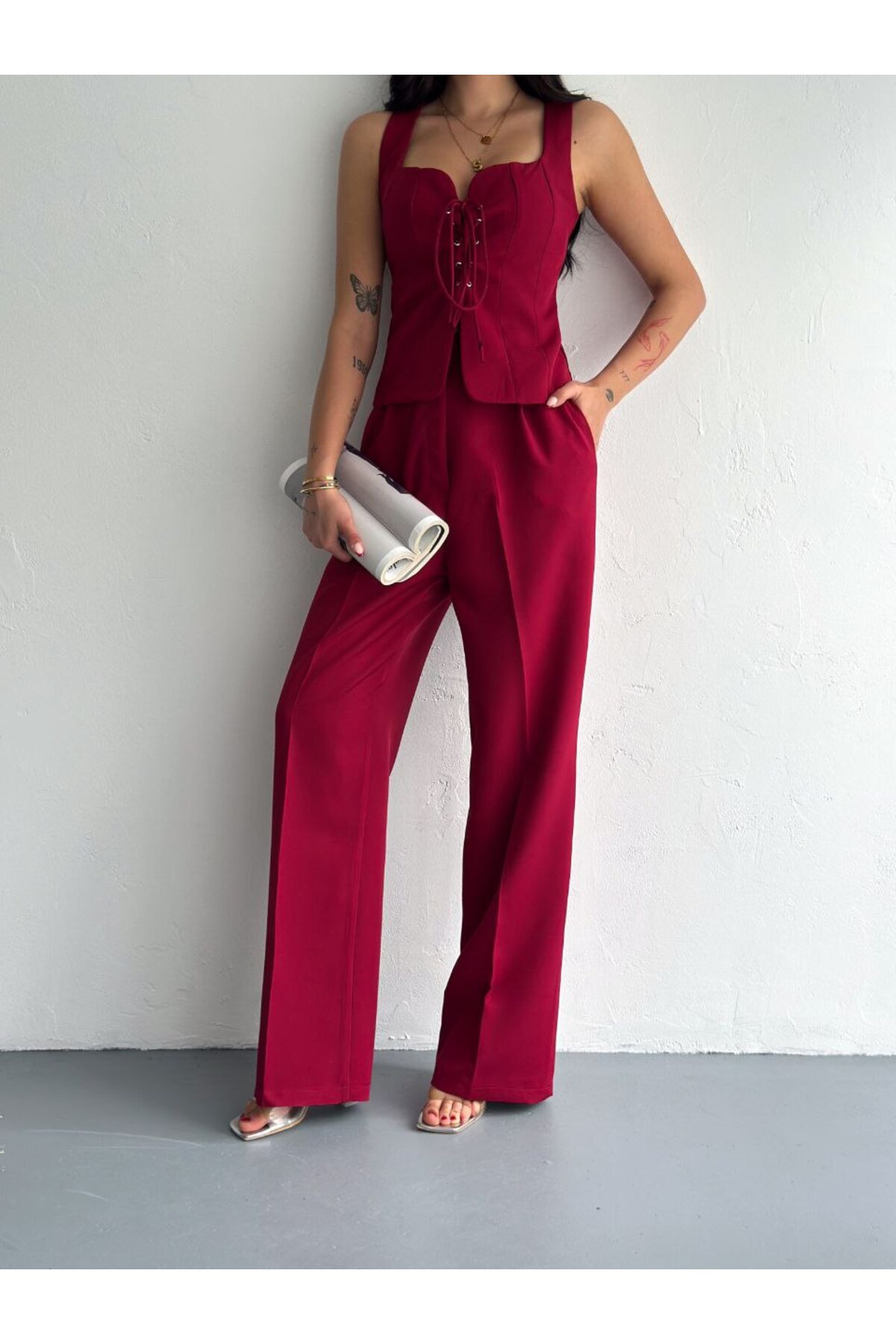 Ensemble Gilet Pantalon à Nouer Devant en Tissu Premium - Görsel 6
