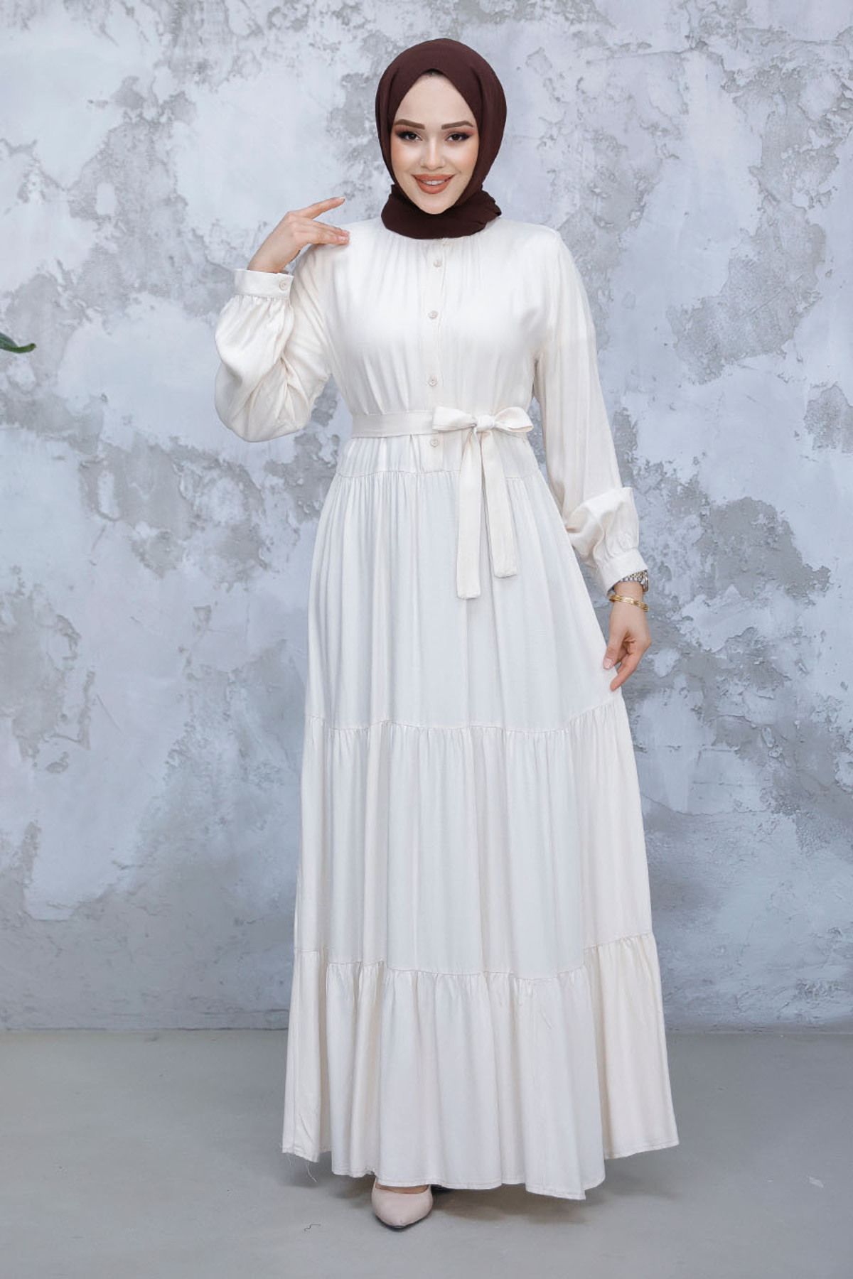 Neva Style-Beige Hijab Dress - Layered Pleated, Model 22042Beige 2