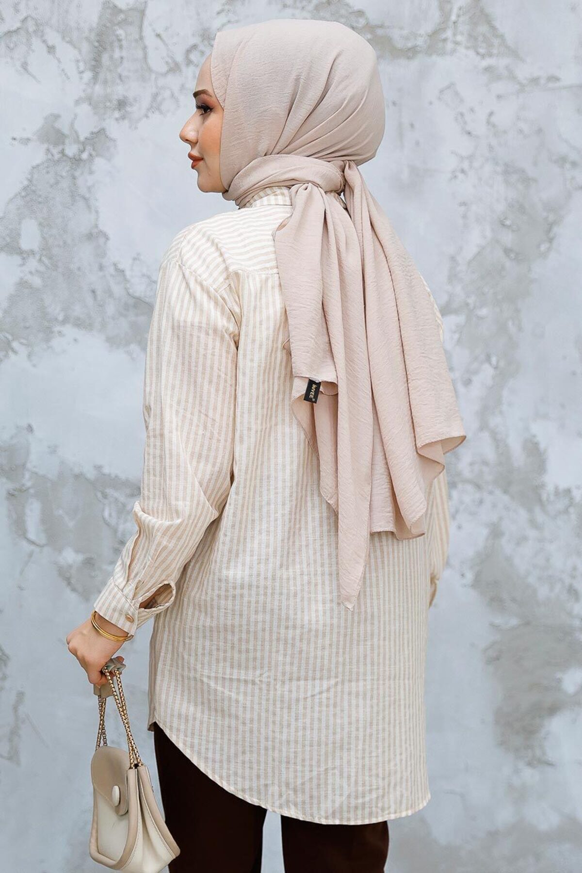 Neva Style-Μπεζ ριγέ πουκάμισο Hijab - 52291BEJ 3